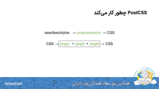 PostCSS‫کند‬‫می‬ ‫کار‬ ‫چطور‬
sass/less/stylus → preprocessors → CSS
CSS → plugin + plugin + plugin → CSS
 