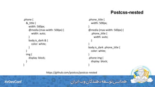 Postcss-nested
.phone {
&_title {
width: 500px;
@media (max-width: 500px) {
width: auto;
}
body.is_dark & {
color: white;
}
}
img {
display: block;
}
}
https://github.com/postcss/postcss-nested
.phone_title {
width: 500px;
}
@media (max-width: 500px) {
.phone_title {
width: auto;
}
}
body.is_dark .phone_title {
color: white;
}
.phone img {
display: block;
}
 