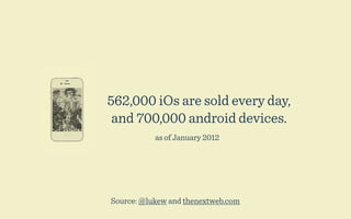 562,000 iOs are sold every day,
 and 700,000 android devices.
           as of January 2012




Source: @lukew and thenextweb.com
 