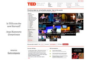 Is TED.com the
 new Harvard?

Anya Kamenetz
 @anya1anya




    source:
 fastcompany
 