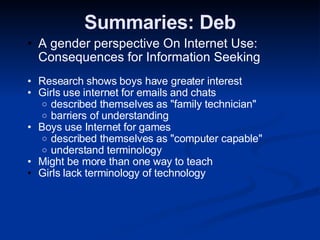 Summaries: Deb <ul><ul><li>A gender perspective On Internet Use: Consequences for Information Seeking </li></ul></ul><ul><...