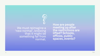 TALK
We must reimagine a
‘new normal’, knowing
that it might be
something far from
normal.
12
How are people
meeting up after
the restrictions are
lifted? Schools,
offices, public
spaces, events?
 
