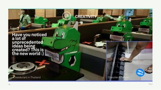 TALK29
CREATIVITY
Have you noticed
a lot of
unprecedented
ideas being
created? This is
the new world :)
A restaurant in Thailand Elevator in Taiwan
 