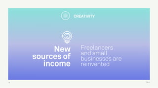 TALK
New
sources of
income
Freelancers
and small
businesses are
reinvented
31
CREATIVITY
 