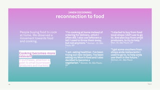 TALK
People buying food to cook
at home. We observed a
movement towards food
and cooking.
[#NEW COCOONING]
reconnection to food
“I started to buy from food
local shops I did’t use to go
to. And also buy from small
producers, to try to help.”
Man, 35, São Paulo, SP
/
”I got some vouchers from
shops anda restaurants I
used to go to, to help anda
use them in the future.”
Woman, 44 , São Paulo
/
“I’m cooking at home instead of
ordering for delivery, which I
often did. I also use leftovers a
lot! I used to throw them away,
but not anymore.” Woman , 32, São
Paulo, SP
/
”I am eating healthier. I’ve been
trying out new recipes. I’ve been
eating my Mom’s food and I also
decided to become a
vegetarian.” Woman, 34, São Paulo,
SP
/
49
Cooking becomes more
relevant 
In purchases, attention is
given to small businesses
(producers and markets).
 