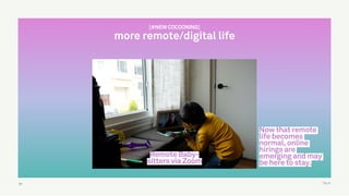 TALK59
Remote Baby-
sitters via Zoom
[#NEW COCOONING]
more remote/digital life
Now that remote
life becomes
normal, online
hirings are
emerging and may
be here to stay.
 