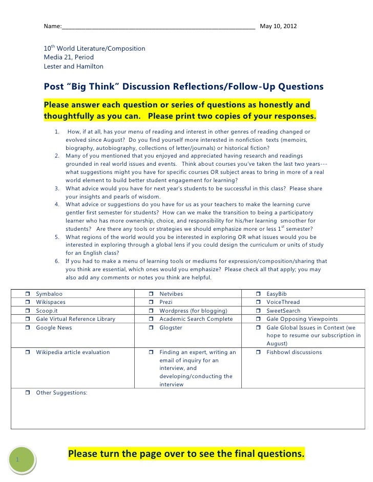 Post “Big Think” Discussion Reflections/FollowUp