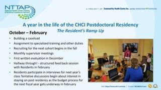 A year in the life of the CHCI Postdoctoral Residency
The Resident’s Ramp Up
October – February
• Building a caseload
• As...