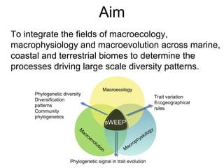 Aim
To integrate the fields of macroecology,
macrophysiology and macroevolution across marine,
coastal and terrestrial biomes to determine the
processes driving large scale diversity patterns.
sWEEP
M
acroevolution
Macroecology
Macrophysiology
Phylogenetic diversity
Diversification
patterns
Community
phylogenetics
Trait variation
Ecogeographical
rules
Phylogenetic signal in trait evolution
 