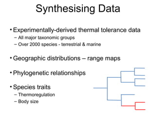 • Experimentally-derived thermal tolerance data
– All major taxonomic groups
– Over 2000 species - terrestrial & marine
• Geographic distributions – range maps
• Phylogenetic relationships
• Species traits
– Thermoregulation
– Body size
Synthesising Data
 