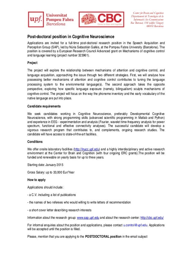 post doctoral position in cognitive neuroscience cover letter for postdoctoral research position
