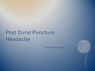 Post Dural Puncture
Headache
               Dr Vishnu Kandula
 