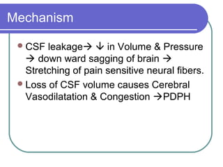 Mechanism
CSF leakage  in Volume & Pressure
 down ward sagging of brain 
Stretching of pain sensitive neural fibers.
Loss of CSF volume causes Cerebral
Vasodilatation & Congestion PDPH
 