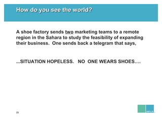25
How do you see the world?How do you see the world?
A shoe factory sends two marketing teams to a remote
region in the S...