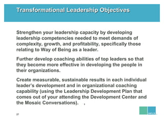 27
Transformational Leadership ObjectivesTransformational Leadership Objectives
Strengthen your leadership capacity by dev...