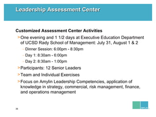 36
Leadership Assessment CenterLeadership Assessment Center
Customized Assessment Center Activities
>One evening and 1 1/2...
