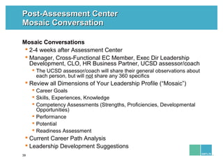 39
Post-Assessment CenterPost-Assessment Center
Mosaic ConversationMosaic Conversation
Mosaic Conversations
 2-4 weeks af...
