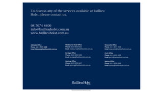 Please read the disclaimer at the beginning of this report.
To discuss any of the services available at Baillieu
Holst, please contact us.
08 7074 8400
info@baillieuholst.com.au
www.baillieuholst.com.au
Melbourne Head Office
Phone +61 3 9602 9222
Email melbourne@baillieuholst.com.au
Bendigo Office
Phone +61 3 4433 3400
Email bendigo@baillieuholst.com.au
Geelong Office
Phone +61 3 5229 4637
Email geelong@baillieuholst.com.au
Newcastle Office
Phone +61 2 4037 3500
Email newcastle@baillieuholst.com.au
Perth Office
Phone +61 8 6141 9450
Email perth@baillieuholst.com.au
Sydney Office
Phone +61 2 9250 8900
Email sydney@baillieuholst.com.au
Adelaide Office
Phone +61 8 7074 8400
Email Adelaide@baillieuholst.com.au
 