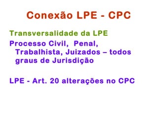 Conexão LPE - CPC
Transversalidade da LPE
Processo Civil, Penal,
 Trabalhista, Juizados – todos
 graus de Jurisdição

LPE - Art. 20 alterações no CPC
 