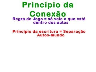 Princípio da
       Conexão que está
Regra do Jogo = só vale o
         dentro dos autos

Princípio da escritura = Separação
            Autos-mundo
 