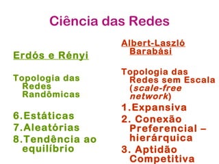 Ciência das Redes
                 Albert-Laszló
                  Barabási
Erdós e Rényi
                 Topologia das
Topologia das     Redes sem Escala
  Redes           ( scale-free
  Randômicas      network )
                 1.Expansiva
6.Estáticas      2. Conexão
7.Aleatórias       Preferencial –
8.Tendência ao     hierárquica
  equilíbrio     3. Aptidão
                   Competitiva
 
