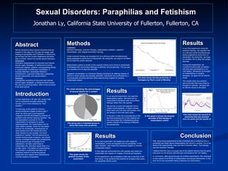 Sexual Disorders: Paraphilias and Fetishism Jonathan Ly, California State University of Fullerton, Fullerton, CA Abstract Will be reviewing about sexual disorders that are present in this case of a 32-year-old single male relating to paraphilias and Fetishism. Furthermore, we will see how the current treatments will either help or further induce his mental sexual disorders. Paraphilias Disorders characterized by recurrent and intense sexual urges, fantasies, or behaviors involving nonhuman objects, children, nonconsenting adults, or experiences of suffering or humiliation. It includes fetishism, transvestic fetishism, exhibitionism, voyeurism frotteurism, pedophilia, sexual masochism, and sexual sadism. Fetishism A paraphilia consisting of recurrent and intense sexual urges, fantasies, or behaviors that involve the use of a nonliving object, often to the exclusion of all other stimuli. Introduction A case regarding a 32-year-old, single male who is somewhat sexually attracted by women, but is more attracted by “their panties.” To best way of the patient’s memory, sexual excitement began at about age 7, when he came upon a pornographic magazine and felt stimulated by pictures of partially nude women wearing “panties.” His first ejaculation occurred at 13 via masturbation to fantasies of women wearing panties. He masturbated into his older sister’s panties, which he had stolen without her knowledge, subsequently he stole panties from her friends and from other women he met socially. He found pretexts to “wander” into the bedrooms of women during social occasions, and would quickly rummage through their possessions until he found a pair of panties to his satisfaction. He later used these to masturbate into, and then saved them in a private cache. The pattern of masturbating into women’s underwear had been his preferred method of achieving sexual excitement and orgasm from adolescence until the present consultation. Methods Treatment Behavior therapies: aversion therapy, masturbatory satiation, orgasmic reorientation, and relapse-prevention training. Under aversion therapy we exposed him to a stimulus while simultaneously being subjected to some form of discomfort. By doing this, we hope to condition him to stop this certain disorder. Masturbatory saition is similar to the aversion theory but is force to masturbate to fantasies with concomitant feelings of affection and tenderness. This as well can condition him to stop this disorder. Orgasmic reorientation is a behavior therapy technique for altering classes of stimuli to which people are sexually attracted; individuals are confronted by a conventionally arousing stimulus while experiencing orgasm for another, undesirable reason  This chart shows the Sexual Activity of Teenagers by Peer’s Level of Worship Results In our first experiment using the aversion therapy,  we exposed him to a stimulus while simultaneously being subjected to some form of discomfort. By doing this, we hope to condition him to stop this certain disorder. During this experiment, we covered his penis with an electric belt that was connected to a 12-Volt battery. Whenever he thought of masturbating or naughty fantasies, we gave him an electric shock. The results were very positive, due to the fact that every time he thought of “panties”, we gave him an electric shock to his penis.  This chart shows the amount of electricity that was shocked onto his penis and the results of it. Pie chart showing the percentages of sexual desire for a certain paraphilia   This group was a controlled group of about 500 males with paraphilia. Results In our second experiment, we used the Masturbatory saition. We force him to masturbate to fantasies with concomitant feelings rather than into panties.  We put him a room and exposed him to videos of pornography. In these scenes, there were only one man and women who are deeply in love with each other.  In the end, it was not a success due to the fact that exposing him to this material will only encourage him of fantasizing about panties instead of the feeling of affection and tenderness. In this graph it shows the dramatic decrease of this therapy of masturbatory saition. Results In our last experiment, we treated him with orgasmic reorientation. In this we exposed him his paraphilia, in this case “panties”, and made this individual orgasm to another undesirable reason. In this case we surrounded him with panties and made him masturbate and orgasm to images of animal pornography. In this experiment, we succeeded a little due to the fact of the time factor. If we continue this practice for at least a few years, his paraphilia will be cured.  This graph shows the gradual increase of this experiment.  Conclusion After doing three experiments to this individual who is suffering from a paraphilia and fetish about masturbating into women’s panties. Out of all three of the experiments, only one had a dramatic affect. This therapy was the Aversion Therapy.  I believe that this was a success due to the electric shocks that his penis was given by the electric belt that was connected to the 12V battery.  In conclusion, after going through all of these experiments, this individual is now scared of all forms of masturbation and sexual intercourse. In the end, he is now successful being a librarian at a local library. 
