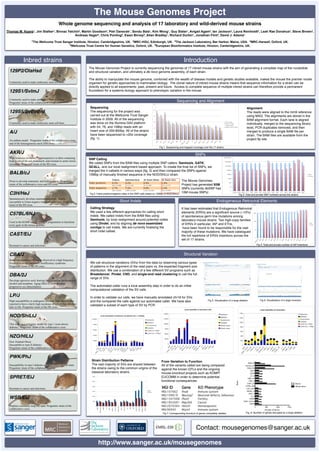 The Mouse Genomes Project
                                                  Whole genome sequencing and analysis of 17 laboratory and wild-derived mouse strains
Thomas M. Keane1, Jim Stalker1, Binnaz Yalchin5, Martin Goodson5, Petr Danecek1, Sendu Bala1, Kim Wong1, Guy Slater1, Avigail Agam5, Ian Jackson2, Laura Reinholdt3, Leah Rae Donahue3, Steve Brown4,
                                            Andreas Heger5, Chris Ponting5, Ewan Birney6, Allan Bradley1, Richard Durbin1, Jonathan Flint5, David J. Adams1
                       1The   Wellcome Trust Sanger Institute, Hinxton, Cambridgeshire, UK. 2MRC-HGU, Edinburgh, UK. 3The Jackson Laboratory, Bar Harbor, Maine, USA. 4MRC-Harwell, Oxford, UK.
                                                 5Wellcome Trust Centre for Human Genetics, Oxford, UK. 6European Bioinformatics Institute, Hinxton, Cambridgeshire, UK.




              Inbred strains                                                                                                                                                                                                                                                                                  Introduction
                                                                      The Mouse Genomes Project is currently sequencing the genomes of 17 inbred mouse strains with the aim of generating a complete map of the nucleotide
 129P2/OlaHsd                                                         and structural variation, and ultimately a de novo genome assembly, of each strain.

                                                                      The ability to manipulate the mouse genome, combined with the wealth of disease models and genetic studies available, makes the mouse the premier model
 Commonly used to make embryonic stem cell lines.                     organism for genetic approaches to mammalian biology. The clonal nature of inbred mouse strains means that sequence information for a strain can be
                                                                      directly applied to all experiments: past, present and future. Access to complete sequence of multiple inbred strains can therefore provide a permanent
 129S1/SvImJ                                                          foundation for a systems biology approach to phenotypic variation in the mouse.

 Commonly used to make embryonic stem cell lines.
 Progenitor strain of the collaborative cross.                                                                                                                                                                                                                                                     Sequencing and Alignment
                                                                                                                                                                                                                                                  (!"



                                                                      Sequencing                                                                                                                                                                                                                                                                                                                                                            Alignment
 129S5/SvEvBrd
                                                                                                                                                                                                                                                  '!"
                                                                      The sequencing for the project was                                                                                                                                                                                                                                                                                                                                    The reads were aligned to the mm9 reference
                                                                      carried out at the Wellcome Trust Sanger                                                                                                                                    &!"                                                                                                                                                                                       using MAQ. The alignments are stored in the
                                                                      Institute in 2009. All of the sequencing                                                                                                                                                                                                                                                                                                                              BAM alignment format. Each lane is aligned
 Commonly used to make embryonic stem cell lines.
                                                                                                                                                                                                                                                  %!"
                                                                      was done on the Illumina GAII platform                                                                                                                                                                                                                                                                                        ?I?JK.FI:2>JL2"
                                                                                                                                                                                                                                                                                                                                                                                                    <J==2M.FI:2>JL2"
                                                                                                                                                                                                                                                                                                                                                                                                                                            individually, merged to the sequencing library
                                                                                                                                                                                                                                                                                                                                                                                                    ><M@=.FI:2>JL2"

                                                                      with 54, 76, and 108bp reads with an                                                                                                                                        $!"
                                                                                                                                                                                                                                                                                                                                                                                                    <J==2M.><M@=.FI:2>JL2"
                                                                                                                                                                                                                                                                                                                                                                                                                                            level, PCR duplicates removed, and then
                                                                      insert size of 200-600bp. All of the strains
 A/J                                                                  have been sequenced to >20x coverage                                                                                                                                        #!"
                                                                                                                                                                                                                                                                                                                                                                                                                                            merged to produce a single BAM ﬁle per
                                                                                                                                                                                                                                                                                                                                                                                                                                            strain. The BAM ﬁles are available from the
                                                                      (ﬁg. 1).                                                                                                                                                                                                                                                                                                                                                              project ftp site.
 An asthma model. Progenitor strain of the collaborative cross                                                                                                                                                                                     !"




                                                                                                                                                                                                                                                         $"


                                                                                                                                                                                                                                                                 /"




                                                                                                                                                                                                                                                                                                                          /"




                                                                                                                                                                                                                                                                                                                                                                                               "
                                                                                                                                                                                                                                                                          /"


                                                                                                                                                                                                                                                                                 /"



                                                                                                                                                                                                                                                                                           "




                                                                                                                                                                                                                                                                                                       "




                                                                                                                                                                                                                                                                                                                            "


                                                                                                                                                                                                                                                                                                                                /"



                                                                                                                                                                                                                                                                                                                                          "




                                                                                                                                                                                                                                                                                                                                                           "


                                                                                                                                                                                                                                                                                                                                                                      C"


                                                                                                                                                                                                                                                                                                                                                                             '"
                                                                                                                                                                                                                                                                                               8"




                                                                                                                                                                                                                                                                                                                                                    "




                                                                                                                                                                                                                                                                                                                                                                                      C"
                                                                                                                                                                                                                                                                                           6




                                                                                                                                                                                                                                                                                                    ./




                                                                                                                                                                                                                                                                                                                         BC




                                                                                                                                                                                                                                                                                                                                        *E




                                                                                                                                                                                                                                                                                                                                                          $/




                                                                                                                                                                                                                                                                                                                                                                                           H7
                                                                                                                                                                                                                                                                                                                                                 ./




                                                                                                                                                                                                                                                                                                                                                                   .B




                                                                                                                                                                                                                                                                                                                                                                                   .B
                                                                                                                                                                                                                                                               -.




                                                                                                                                                                                                                                                                                 +.




                                                                                                                                                                                                                                                                                                                       <
                                                                                                                                                                                                                                                                        12




                                                                                                                                                                                                                                                                                                                                +.
                                                                                                                                                                                                                                                        )*




                                                                                                                                                                                                                                                                                                                                                                           )9
                                                                                                                                                                                                                                                                                               7
                                                                                                                                                                                                                                                                                          (




                                                                                                                                                                                                                                                                                                                      A.
                                                                                                                                                                                                                                                                                                    5*




                                                                                                                                                                                                                                                                                                                                                          +.
                                                                                                                                                                                                                                                                                                                                               3F
                                                                                                                                                                                                                                                                                                                                      ,.
 and of the heterogeneous stock (HS) cross.




                                                                                                                                                                                                                                                                                                                ;




                                                                                                                                                                                                                                                                                                                                                                                           6
                                                                                                                                                                                                                                                                                       5.




                                                                                                                                                                                                                                                                                                                                                                9G




                                                                                                                                                                                                                                                                                                                                                                                   93
                                                                                                                                                                                                                                                                                               6
                                                                                                                                                                                                                                                              +,




                                                                                                                                                                                                                                                                                                             9:
                                                                                                                                                                                                                                                                               03
                                                                                                                                                                                                                                                                      1.




                                                                                                                                                                                                                                                                                                                                                                           #$
                                                                                                                                                                                                                                                        #$




                                                                                                                                                                                                                                                                                                                   ?@




                                                                                                                                                                                                                                                                                                                                                5


                                                                                                                                                                                                                                                                                                                                                        83
                                                                                                                                                                                                                                                                                                                                     *D
                                                                                                                                                                                                                                                                                      43




                                                                                                                                                                                                                                                                                                                                                               0+
                                                                                                                                                                                                                                                                                                                                             3+




                                                                                                                                                                                                                                                                                                                                                                                  D
                                                                                                                                                                                                                                                                                                           #.


                                                                                                                                                                                                                                                                                                                 >2
                                                                                                                                                                                                                                                                   0%




                                                                                                                                                                                                                                                                                  0'




                                                                                                                                                                                                                                                                                                         )9


                                                                                                                                                                                                                                                                                                              9=
                                                                                                                                                                                                                                                                                                     #$
                                                                                                                                                                                                                                                              Fig 1: Sequencing and mapped coverage over the 17 strains

 AKR/J                                                                                                                                                                                                                                                                                                                                SNPs
 High leukemia incidence. Hyporesponsive to diets containing          SNP Calling
                                                                                                                                                                                                                                                                                                                                                                                                   !########"



 high levels of fat and cholesterol, and resistant to aortic lesion                                                                                                                                                                                                                                                                                                                                 !#######"

 formation. Progenitor strain of the HS cross.                        We called SNPs from the BAM ﬁles using multiple SNP callers: Samtools, GATK,
                                                                      QCALL, and our local realignment based approach. To create the ﬁnal list of SNPs, we                                                                                                                                                                                                                                           !######"




                                                                      merged the 4 callsets in various ways (ﬁg. 2) and then compared the SNPs against                                                                                                                                                                                                                                                !#####"


 BALB/cJ                                                              10Mbp of manually ﬁnished sequence in the NOD/ShiLtJ strain.                                                                                                                                                                                                                                                                     !####"                                                                                                                                                                              -;<"
                                                                                                                                                                                                                                                                                                                                                                                                                                                                                                                                                                                           &=>?;@A"

                                                                                                                                                                                                                                                                                                                                                                                                         !###"


 Prone to develop mammary and kidney cancer. Progenitor                                                                                                                                                                                                                                                  The Mouse Genomes                                                                                 !##"

 strain of the collaborative cross and HS cross.                                                                                                                                                                                                                                                         Project has generated 65M
                                                                                                                                                                                                                                                                                                                                                                                                            !#"

                                                                                                                                                                                                                                                                                                         SNPs (currently dbSNP has
                                                                                                                                                                                                                                                                                                                                                                                                              !"


 C3H/HeJ                                                              Fig 2: False positive/negative rates in the SNP calls based on 10Mbp of NOD/ShiLtJ
                                                                                                                                                                                                                                                                                                         10M mouse SNPs)                                                                                              !$%&$"!$%'!" !$%'("   )*+"   ),-"    .)/."        012" 0(3./" 0)'4"              0.)"       5.)"    /&*+"        675"     687"      &9," '&-:4" 9'."

                                                                                                                                                                                                                                                                                                                                                                                                                               Fig 3: Total and private SNP numbers across the strains
 Spontaneously develops mammary tumours. Highly
 susceptible to Gram-negative bacterial infections. Progenitor                                                                                              Short Indels                                                                                                                                                                                                                Endogeneous Retroviral Elements
 strain of the HS cross.                                                                                                                                                                                                                                                                                                                                                                                                                              !####"


                                                                      Calling Strategy                                                                                                                                                                                                                   It has been estimated that Endogenous Retroviral
                                                                      We used a few different approaches for calling short                                                                                                                                                                               elements (ERVs) are a signiﬁcant source (~10%)
 C57BL/6NJ                                                            indels. We called indels from the BAM ﬁles using                                                                                                                                                                                   of spontaneous germ line mutations among
                                                                                                                                                                                                                                                                                                                                                                                                                                                          !###"




                                                                      Samtools, by local realignment around potential indels                                                                                                                                                                             laboratory mouse strains. Two high-copy families
 Used in the KOMP and EUCOMM programmes to knockout                                                                                                                                                                                                                                                                                                                                                                                                        !##"



 every gene in the mouse genome.
                                                                      using Dindel, and by aligning de novo assembled                                                                                                                                                                                    of ERVs in particular, IAP and ETns,                                                                                                                                                                                                                                                <=>?@"
                                                                                                                                                                                                                                                                                                                                                                                                                                                                                                                                                                                             7ABC?>D"


                                                                      contigs to call indels. We are currently ﬁnalising the                                                                                                                                                                              have been found to be responsible for the vast                                                                                                    !#"

                                                                      short indel callset.                                                                                                                                                                                                               majority of these mutations. We have catalogued
 CAST/EiJ                                                                                                                                                                                                                                                                                                the full repertoire of ERVs insertions across the
                                                                                                                                                                                                                                                                                                                                                                                                                                                             !"

                                                                                                                                                                                                                                                                                                         set of 17 strains.




                                                                                                                                                                                                                                                                                                                                                                                                                                                                                        0"
                                                                                                                                                                                                                                                                                                                                                                                                                                                                   "




                                                                                                                                                                                                                                                                                                                                                                                                                                                                                             )"


                                                                                                                                                                                                                                                                                                                                                                                                                                                                                                       "

                                                                                                                                                                                                                                                                                                                                                                                                                                                                                                             '"




                                                                                                                                                                                                                                                                                                                                                                                                                                                                                                                          "

                                                                                                                                                                                                                                                                                                                                                                                                                                                                                                                                   "




                                                                                                                                                                                                                                                                                                                                                                                                                                                                                                                                                                     "
                                                                                                                                                                                                                                                                                                                                                                                                                                                                                                                                                "




                                                                                                                                                                                                                                                                                                                                                                                                                                                                                                                                                            :"
                                                                                                                                                                                                                                                                                                                                                                                                                                                                                                                    3"
                                                                                                                                                                                                                                                                                                                                                                                                                                                                                 1"
                                                                                                                                                                                                                                                                                                                                                                                                                                                                            "




                                                                                                                                                                                                                                                                                                                                                                                                                                                                                                                                                                         "

                                                                                                                                                                                                                                                                                                                                                                                                                                                                                                                                                                                 "
                                                                                                                                                                                                                                                                                                                                                                                                                                                                                                                                         3"




                                                                                                                                                                                                                                                                                                                                                                                                                                                                                                                                                     +"




                                                                                                                                                                                                                                                                                                                                                                                                                                                                                                                                                                                      8"
                                                                                                                                                                                                                                                                                                                                                                                                                                                                                                                                                                  6'
                                                                                                                                                                                                                                                                                                                                                                                                                                                                  ,-




                                                                                                                                                                                                                                                                                                                                                                                                                                                                                                     %




                                                                                                                                                                                                                                                                                                                                                                                                                                                                                                                         *)


                                                                                                                                                                                                                                                                                                                                                                                                                                                                                                                                 !




                                                                                                                                                                                                                                                                                                                                                                                                                                                                                                                                                 4
                                                                                                                                                                                                                                                                                                                                                                                                                                                                         '.




                                                                                                                                                                                                                                                                                                                                                                                                                                                                                                                                                                         ,<

                                                                                                                                                                                                                                                                                                                                                                                                                                                                                                                                                                              6<
                                                                                                                                                                                                                                                                                                                                                                                                                                                                                             3*

                                                                                                                                                                                                                                                                                                                                                                                                                                                                                                  56




                                                                                                                                                                                                                                                                                                                                                                                                                                                                                                                              56




                                                                                                                                                                                                                                                                                                                                                                                                                                                                                                                                              57
                                                                                                                                                                                                                                                                                                                                                                                                                                                                                                              .

                                                                                                                                                                                                                                                                                                                                                                                                                                                                                                                  1'




                                                                                                                                                                                                                                                                                                                                                                                                                                                                                                                                                     38
                                                                                                                                                                                                                                                                                                                                                                                                                                                                                                                                       $'




                                                                                                                                                                                                                                                                                                                                                                                                                                                                                                                                                          $9
                                                                                                                                                                                                                                                                                                                                                                                                                                                                                /0




                                                                                                                                                                                                                                                                                                                                                                                                                                                                                                                                                                                     7;
                                                                                                                                                                                                                                                                                                                                                                                                                                                                                      /2




                                                                                                                                                                                                                                                                                                                                                                                                                                                                                                                         .7
                                                                                                                                                                                                                                                                                                                                                                                                                                                                  *+




                                                                                                                                                                                                                                                                                                                                                                                                                                                                                                           '3
                                                                                                                                                                                                                                                                                                                                                                                                                                                                          &




                                                                                                                                                                                                                                                                                                                                                                                                                                                                                                                                                                              $3
                                                                                                                                                                                                                                                                                                                                                                                                                                                                                                                                                                 ;


                                                                                                                                                                                                                                                                                                                                                                                                                                                                                                                                                                        +
                                                                                                                                                                                                                                                                                                                                                                                                                                                                                                  !4




                                                                                                                                                                                                                                                                                                                                                                                                                                                                                                                              !4
                                                                                                                                                                                                                                                                                                                                                                                                                                                                       $%




                                                                                                                                                                                                                                                                                                                                                                                                                                                                                                                                          !4




                                                                                                                                                                                                                                                                                                                                                                                                                                                                                                                                                                     67
                                                                                                                                                                                                                                                                                                                                                                                                                                                               )
                                                                                                                                                                                                                                                                                                                                                                                                                                                            '(
                                                                                                                                                                                                                                                                                                                                                                                                                                                             &
                                                                                                                                                                                                                                                                                                                                                                                                                                                          $%
 Resistant to cancer and infections.                                                                                                                                                                                                                                                                                                                                                                                                                              Fig 4: Total and private number of IAP insertions



 CBA/J                                                                                                                                                                                                                                                                                                        Structural Variation
 Renal tubulointerstitial lesions observed at a high frequency.
 Prone to exocrine pancreatic insufficiency syndrome.                 We call structural variations (SVs) from the data by observing various types
 Progenitor strain of the HS cross.                                   of patterns in the alignment of the read pairs vs. the expected fragment size
                                                                      distribution. We use a combination of a few different SV programs such as
 DBA/2J                                                               Breakdancer, Pindel, CND, and single-end read clustering to call the full
                                                                      range of SVs.
 Develops agressive early hearing loss. Extreme intolerance to
 alcohol and morphine. Aging DBA/2J mice develop
 progressive eye abnormalities                                        The automated caller runs a local assembly step in order to do an initial
                                                                      computational validation of the SV calls.
 LP/J                                                                 In order to validate our calls, we have manually annotated chr19 for SVs
 High susceptibility to audiogenic seizures. This strain is also      and the compared the calls against our automated caller. We have also                                                                                                                                                                                                                         Fig 5: Visualisation of a large deletion                                                              Fig 6: Visualisation of a large inversion
 reported to have a fairly high incidence of tumors that develop      validated a subset of each type of SV by PCR
 later in life. Progenitor strain of the HS cross.


 NOD/ShiLtJ
 This strain is a polygenic model for type 1 (non-obese)
 diabetes. Progenitor strain of the collaborative cross.


 NZO/HILtJ
 New Zealand Obese.
 Susceptible to type II diabetes.
 Progenitor strain of the collaborative cross.


 PWK/PhJ
                                                                       Strain Distribution Patterns                                                                                                                                                                From Variation to Function
 Susceptibility to type I diabetes and various behavioral traits.      The vast majority of SVs are shared between                                                                                                                                                 All of the variants called are being compared
 Progenitor strain of the collaborative cross.                         the strains owing to the common origins of the                                                                                                                                              against the known QTLs and the ongoing
                                                                       classical laboratory strains.                                                                                                                                                               mouse knockout projects such as KOMP/
 SPRET/EiJ                                                              300000
                                                                                                                                                                                                                                                                   EUCOMM in order to determine potential
                                                                        250000                                                                                                                                                                                     functional consequences.
                                                                        200000


 Resistant to cancer and infections.
                                                                                                                                                                                                                                         Total
                                                                        150000
                                                                                                                                                                                                                                         Shared




 WSB/EiJ                                                                100000




                                                                         50000




 Displays extremely long life-span. Progenitor strain of the                 0
                                                                                 129P2

                                                                                         129S1_SvImJ

                                                                                                       129S5

                                                                                                               A_J

                                                                                                                     AKR_J

                                                                                                                             BALBc_J

                                                                                                                                       C3H_HeJ

                                                                                                                                                 C57BL_6N

                                                                                                                                                            CBA_J

                                                                                                                                                                    DBA_2J

                                                                                                                                                                             LP_J

                                                                                                                                                                                    NOD

                                                                                                                                                                                          NZO

                                                                                                                                                                                                CAST_Ei

                                                                                                                                                                                                          PWK_Ph

                                                                                                                                                                                                                   Spretus_Ei

                                                                                                                                                                                                                                WSB_Ei




 collaborative cross.
                                                                                                                                                                                                                                                                      Fig 7: Corresponding knockout of genes completely deleted                                                                                                             Fig. 8: Number of genes disrupted by a large deletion




                                                                                                                                                                                                                                                                                                                                          Contact: mousegenomes@sanger.ac.uk

                                                                                         http://www.sanger.ac.uk/mousegenomes
 