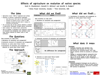 Effects of agriculture on evolution of native species
                                                                                 Scott A.          Chamberlain1,                    Kenneth D.                      Whitney2,        and Jennifer A.   Rudgers2

                                                                                             1   Simon Fraser University, Canada –                                             2   Rice University, USA


                             The Idea                                                                                              What did we find?                                                          What did we find?...
•  Agriculture covers ~50% of vegetated land surface                                                   Predictions                                                   Results
                                                                                                                                                                                                       4. Contribution of mutualists and antagonists to
•  Evolution is altered in agricultural landscapes                                                                                                                                                     selection on native plant floral traits?
          –    Gene flow occurs from crops to wild relative plants                                            Does proximity to crops alter:
          –    Evolution of resistance occurs in plants to GMOs                                               1. Abundance of mutualists and antagonists?
          –    Evolution of plants and insect pests in response to




                                                                                                                                     Visits inflorescence-1
               herbicides and peseticides




                                                                                                       Abundance
•  Yet, we know less of how natural selection is altered




                                                                                                                                              min-1
   in agricultural landscapes through species interactions
•  Much evidence for altered biotic communities                                                                       Far   Near


•  How do changes in abundance and community structure
   of mutualists and antagonists near sunflower crops


                                                                                                        Abundance
   alter natural selection on flower traits in wild
   sunflowers
                                                                                                                      Far   Near


                        The Questions
Does proximity to crops alter:                                                                              2. Community structure of mutualists and antagonists?
1. Abundance of mutualists and antagonists?
2. Community structure of mutualists and antagonists?
3. Selection on native plant floral traits?                                                                                                                                                                     What does it mean
4. Contribution of mutualists and antagonists to
                                                                                                                                                                                                       Conclusions
   selection on native plant floral traits?                                                                                                                                                            •  Sunflower mutualists more abundant near,
                                                                                                                                                                                                          antagonists more abundant far from crops
                        The Approach                                                                                                                          No difference for antagonists            •  Beta-diversity of mutualists greater near crops
                                                        Natural habitat                                                                                                                                •  Natural selection altered by proximity to sunflower
                                                 Agricultural
                                                                                                                                                                                                          crops
                                                                              Other Crop
                                                  landscape                 [corn/sorghum/                                                                                                             •  Changes in mutualist/antagonist communities drive
                                                                             wheat/cotton]
                                                                                                                                                                                                          differences in selection near vs. far from crops
                                                                 Distance            Far
                                                                ~ 2.5 km
                                                                                                                    3. Selection on native plant floral traits?                                        •  This is one of few studies to show agricultural
                                                                                                                                                                                                          effects on natural selection across a landscape in a
                                                                                                                                                                                                          native plant species
                                                                 Sunflower Crop

                                                                      Distance
                                                                                                                                                                                                       Implications
                                                    Near              ≤ 10 m                                                                                                                           •  Mutualist-antagonist framework may be useful in
                               Proximity to sunflowers (2 levels)                                                                                                                                         understanding agricultural effects on plant evolution
                                               X
                                     Seed source (2 levels)
                                                                                                                                                                                                       •  Natural selection altered in agricultural landscapes,
                                                                                                                                                                                                          BUT contrary to expectation
                               @ 5 sites in ‘10, @ 2 sites in ‘11



Data Collected
•  Pollinators: pollinator observations                                                                                                                                                                   Scott Chamberlain
•  Seed predators: counted damaged seeds
                                                                                                                                                                                                          scott.sfu@gmail.com - @recology_       QR Code
•  Folivores: leaf damage
                                                                                                                                                                                                          http://schamberlain.github.com/scott   here
 