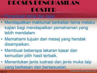 PROSES PENGHASILAN
         POSTER
• Penentuan tema dan tajuk
• Mendapatkan maklumat berkaitan tema melalui
  kajian bagi mendapatkan pemahaman yang
  lebih mendalam
• Memahami tujuan dan mesej yang hendak
  disampaikan.
• Membuat beberapa lakaran kasar dan
  kemudian pilih hasil terbaik.
• Menentukan jenis iustrasi dan jenis muka taip
  yang berkesan dan bersesuaian.
 