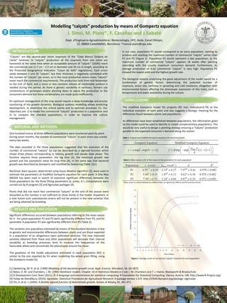 Modelling “calçots” production by means of Gompertz equation
                                                  J. Simó, M. Plans*, F. Casañas and J.Sabaté
                                                Dept. d'Enginyeria Agroalimentària i Biotecnologia, UPC, Avda. Canal Olímpic,
                                                         15, 08860 Castelldefels, Barcelona. *marcal.plans@upc.edu

  INTRODUCTION                                                                                 In our case, population P1 would correspond to an early population, starting to
                                                                                               produce and reaching the maximum number of commercial “calçots” earlier than
“Calçots” are the second-year onion resprouts of the “Ceba Blanca Tardana de
                                                                                               P2 and P3 (Figure 1). Population P2 would represent a late population, as the
Lleida” landrace. In “calçots” production all the resprouts from one onion are
                                                                                               maximum number of commercial “calçots” appears 18 weeks after planting
harvested at the same time when an acceptable amount of “calçots” (≥50%) reach
                                                                                               coinciding with the usually maximum consumers demand. Furthermore, its
the commercial size (1.7 cm – 2.5 cm in diameter and 20 cm in length, according to
                                                                                               average production of 8.62 commercial “calçots” is very high. Population P3
the Protected Geographical Indication “Calçot de Valls” regulations). Each onion
                                                                                               showed the lowest yield and the highest growth rate.
yields between 1 and 20 “calçots”, but their thickness is negatively correlated with
the number of “calçots” per onion, so in the most productive onions many “calçots”
                                                                                               The biological reasons underlying the good adjustment of the model would be a
never reach the commercial requirements. The production lasts from mid-November
                                                                                               combination of genetic factors determining the potential number of
to the end of April, and a more or less constant release of marketable product is
                                                                                               resprouts, onion size, earliness in sprouting and cold resistance, altogether with
needed during this period. As there is genetic variability in earliness, farmers use
                                                                                               environmental factors affecting the phenotypic expression of this traits, such as
combinations of genotypes and/or planting dates to adjust the production to the
                                                                                               temperature and water availability during the culture.
consumers demand but these combinations are made quite inefficiently.

An optimum management of the crop would require a deep knowledge and precise                      CONCLUSIONS
monitoring of the growth dynamics. Biological systems modelling allows predicting
development, to determine the critical points and to optimize processes [1]. Our               The modified Gompertz model fits properly (R2 min, individual=0.79) to the
objectives are: i) to model the commercial “calçots” production in a population and            individual evolution of each plant and also suggests a biologic meaning for the
ii) to compare the checked populations, in order to improve the culture                        differences found between plants and populations.
management.
                                                                                               As differences have been established between populations, the information given
                                                                                               by the model could be used to identify or create complementary populations. This
    MATERIAL AND METHODS                                                                       would be very useful to design a planting strategy ensuring a “calçots” production
                                                                                               parallel to the expected consumer’s demand along the season.
One hundred onions of three different populations were monitored plant by plant.
During seven months, the number of commercial “calçots” in each onion was scored               Table 1. Original and modified Gompertz equations for bacterial growth.
every two weeks.

The data recorded in the three populations suggested that the evolution of the
number of commercial “calçots” (y) can be described by a sigmoid function which
shows three phases corresponding to latency, growth and steady state phase. This
function requires three parameters: the lag time (λ), the maximum growth rate
(μmax) and the asymptotic value for long time (A), in the same way that bacterial               Table 2. Mean values (± SE of the mean) of the parameters for each population

growth was described by Gompertz and modified by Zwietering (Table 1)[1].

Nonlinear least squares, determined using Gauss-Newton algorithm [2], were used to
estimate the parameters of modified Gompertz equation for each plant. A One-Way
ANOVA has been used in search of statistical significant differences between the
three populations for the three fitting parameters (λ, μmax, A ). Computations were             *Mean values in a column followed by a different letter are significantly different (p≤0.05) with the LSD test.
carried out by R-program [3] and Agricolae packages [4].

Plants that did not reach four commercial “calçots” at the end of the season were
discarded as this number is not sufficient to show trends in the model. Anywhere, in
a next future such unproductive onions will not be present in the new varieties that
are being obtained by breeding.

    RESULTS AND DISCUSSION
Significant differences occurred between populations referring to the mean values
for λ . For μmax population P1 and P2 were significantly different from P3, and for
parameter A population P2 was significantly different from P3 (Table 2).

The variation into population estimated by means of the standard deviation is due
to genetic and environmental differences between plants and are those expected
in a population of an allogamous open pollinated landrace. The new improved
varieties obtained from these and other populations will decrease their internal
variability as breeding processes tend to increase the frequencies of the
favourable alleles and concentrate the phenotypes around the mean.

The goodness of the model adjustment estimated in each population (R2) is
similar to the one reported by Yin when modelling the wheat grain filling, using
                                                                                                           Figura 1. Average curves of commercial “calçots” evolution for each population
the Gompertz model [5].


[1] Zwietering, M. H. et al. (1990) Modeling of the bacterial-growth curve. Appl. Environ. Microbiol, 56, (6) 1875.
[2] Bates, D. M. and Chambers, J. M. (1992) Nonlinear models. Chapter 10 of Statistical Models in S eds J. M. Chambers and T. J. Hastie, Wadsworth & Brooks/Cole
[3] R Development Core Team (2011). R: A language and environment for statistical computing. R Foundation for Statistical Computing, Vienna, Austria. URL http://www.R-Project.org/
[4] Felipe de Mendiburu (2010). Agricolae: Statistical Procedures for Agricultural Research. R package version 1.0-9. http://CRAN.Rproject.org/package =agricolae
[5] Yin, X. et al. J. (2003). A flexible signoid function of determinate growth. Annals of Botany, 91, 361-371.
 