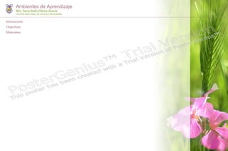 Ambientes de Aprendizaje
Mtra: Dania Beatriz Ramos Zamora
CENTRO REGIONAL DE EDUCACIÓN NORMAL
PosterGenius™
Trial Version
This poster has been created with a Trial Version of PosterGenius™.
Introducción
Objectives
Materiales