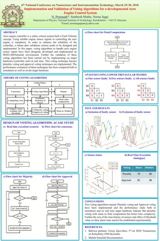 6th National Conference on Nanoscience and Instrumentation Technology, March 29-30, 2018
Implementation and Validation of Voting Algorithms for a developmental Aero
Engine Control System
N. Premnath*, Santhosh Muthe, Neena Jaggi
Department of Physics, National Institute of Technology, Kurukshetra – 136119, Haryana.
*Email: premnagappan@yahoo.com
ABSTRACT
Aero engine controller is a safety critical system built a Fault Tolerant
concept. Using reliable engine sensor signals in controlling the aero
engine is mandatory. In order to enhance the reliability of the
controller, a robust data validation criteria needs to be designed and
implemented. In this paper, voting algorithms to handle aero engine
sensor inputs have been designed, developed and implemented on
MATLAB/Simulink environment. Further the validation of these
voting algorithms has been carried out by implementing on target
hardware (controller unit) in real time. This voting technique Inexact
plurality voting and approval voting techniques are implemented. The
performance evaluation of these techniques has been compared both in
simulation as well as on the target hardware.
0500
R
U
THEORY OF VOTING ALGORITHM
CONCLUSIONS
Two voting algorithms namely Plurality voting and Approval voting
have been implemented and the performance study both in
simulation and on real time target hardware indicate that plurality
voting with mean as final computation has better time complexity.
Further the size of the time history of sensors and effect of threshold
value on false alarm rates need to be established experimentally.
e) Flow chart for Final Computation
REFERENCES
1. Behrooz parhami, Voting Algorithms, 3rd ed. IEEE Transactions
on Relieablity,1994 December.
2. Matlab Simulink Documentation.
DESIGN OF VOTING ALGORITHM- ACASE STUDY
a) Real time execution scenario b) Flow chart for consensus
c) Flow chart for Majority d) Flow chart for Approval
ANALYSIS USING LOWER TRINAGULAR MATRIX
a) One sensor faulty b)Two sensors faulty c) All sensors faulty
TEST AND RESULTS
a) Inclusion of faulty sensor b) Exclusion of faulty sensor
c) Sensor status d) Real Time Execution
timing(µs)
Voting Mean Median
Plurality 78 80
Approval 85 88
 