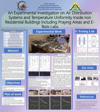 An Experimental Investigation on Air Distribution
Systems and Temperature Uniformity Inside non
Residential Buildings Including Praying Areas and E-
Tests Labs
Benha University
Benha Faculty of Engineering
Mechanical Engineering Department
4th year Mechanical Power Engineering
Abstract
In correct B,SC project the main objective is to gain a deep
understanding of using AC Systems to serve the non-residential
buildings. Three types of non-residential buildings have been
reviewed and studied carefully, the first and second objective are to
compare between the AC performance of two praying areas buildings;
Masjed and Church. The third is to study the AC performance inside E-
test lab building.
The studied two models of Masjed and Church has been designed
and constructed to simulate these buildings using test rig circuit
consist of the two models, air handling unit, condensing unit, air duct
system, and temperature measurement system. experimental setup
on temperature measurement have been conducted to monitor the
effect of air distribution, tested on the uniformity of temperature
inside these tested models. The result have been presented during
current research.
In addition, an attention has been paid to study the AC cooling
loads inside the third of buildings (E-test lab building) using hourly
analysis program (HAP). The results of these theoretical study has also
presented in current research.
Finally, it is recommended to combine different cooling loads of
buildings together in a central unit in order to achieve the reduction
in initial and running cost. This central system will provide the building
with the most advanced and modern class, by eliminating the usage
of the large number of unitary split units, in addition to reduce the
electrical consumptions inside these building to achieve Egypt 2030
strategy.
Experimental Work
CHU. CalculationsMSJ. Calculations Methodology
The research mainly about two problems:
1.Practical visualization the supply & return air
movement of Air conditioning (AC) system in
Masjed (MASJ) and Church (CHU) – they are
representing cooling load -, By selecting the
suitable configuration of air distribution systems
among three configurations - each for MASJ. &
CHU-.
2.Practical simulation in MASJ. &CHU. heat transfer
and temperature distribution relationship between
internal loads – lighting, people, and miscellaneous
loads – and Air Handling Unit’s cooling coil (AHU)
model.
It focuses on the combination of praying areas
not only MASJ. Or CHU. but the two together
because of:
The large amount of heat dissipated in theses
spaces should be deal with in order to provide an
atmosphere suitable for the praying ritualism. The
notation of Egyptian government head for
constructing this combination of praying areas in
many cities all over Egypt, so it can provide these
spaces with the suitable AC systems to save large
expenses. The research starts from the point of
constructing a real dimensional MASJ. & CHU. each
50m*50m*15m, then to do our practical simulation
we had to scale down these dimensions by the factor
50:1 to construct a model for each space.
Materials Selection
Acrylic panels were chosen because of the advantages of
these panels mainly:
Easily Fabricated and Shaped ,Weather Resistant
(K=0.2w/m^2.k) , Lighter than Glass, Impact Resistant,
Highly Transparent ,and visibility.
Polyvinyl chloride (PVC) pipes were chosen to work as ducts
for airflow .As it is one of the most commonly used
thermoplastic polymers in the world
Results
20
22
24
26
28
30
32
18 28 38 48 58 68 78 88
Temperature
Time (min )
Temperature Profile
sensor 1
sensor 2
Sensor 3
20
22
24
26
28
30
32
34
36
38
0 20 40 60 80 100
Temperature
Time (min )
Temperature distribution Sensor 4
Sensor 5
Sensor 6
Sensor 7
AHU outlet
Temperature
17
19
21
23
25
27
29
31
33
35
25 35 45 55 65 75 85
Temperature
Time (min )
Tempreture Profile
Sensor
1
Sensor
2
17
22
27
32
37
0 10 20 30 40 50 60 70 80 90
Temperature
time (min)
Temperature distribution
Sens
or 4
Sens
or 5
Sens
or 6
MSJ.
CHU.
References
(2016, 11). Retrieved from Cooling Power: coolingpowercorp.com/news/air-cooled-chiller-work
(2016). Basic Classification of HVAC Systems for Selection Guide. International Journal of Innovative
Research in Science.
Difference Between Air Cooled and Water Cooled Chiller System. (2018, july 30). Retrieved from
Araner: araner.com/blog/difference-between-air-cooled-and-water-cooled-chiller
Difference Between Air Cooled and Water Cooled Chiller System. (2018, july 30). Retrieved from
ARANER: araner.com/blog/difference-between-air-cooled-and-water-cooled-chiller
History of Air Conditioning. (2015, july 20). Retrieved from .energy.gov
Primer, A. F. (2018). Water-Cooled Chillers. An FPL Technical Primer.
What’s The Difference Between Air Cooled and Water Cooled? (2018). Retrieved from cool air web
site: www.cool-air.com
E-Testing Lab
proposed design for typical floor for Regional Measurement Center (RMC)
with student capacity 400 students 2 per exam per floor, and with total
building foot print area of 1600 m (L = 40 m, and W = 40 m), (all dimensions
in meters).
learn to distribute cooled air in the building and locate outlets of diffusers.
Also , Mention the importance of configure the building with refrigeration
systems to achieve the comfort and relax for people "Students" which help
and raise concentration of them during take the exam to achieve best results.
Also , Mention the methods of calculate thermal loads in any buildings and
how to cover it with suitable selected refrigeration system. Also , Mention the
types of ducts and how to select the most suitable duct system which gives
the required air flow and less losses and efficiency and cost.
Site Visits
Many different conceptual designs of these MEUs, MECs, and ETLs have
been reviewed and developed by during current research work as shown in
figures that present two different arrangement of E-test labs, with different
capacity upon the area of the lab and present two different arrangement of E-
test labs, with different capacity upon the area of the lab.
After conducting field visits to a number of Benha University faculties such
as Faculty of Medicine, Engineering, Specific Education and College of Physical
Education were designed MECs, MEUs, and ETLs, even using multi response
questions on printed papers, or by performing pilot E-tests, and summative E-
test, even Web based Tests (on-line exam / using clouds) or Computer based
Tests (off-line exams).
Prepared by :
1 Ahmed Osama Mahmoud Ali
2 Ahmed Medhat Fathy Arafa
3 Peter Moheb Moneer
4 Esraa Mosaad Elhefnawy
5 Seif Eldeen Yasser Hamed
6 Shabaan Farag Kamel Elmenshawy
7 Adel Hassan Mosbah Mohammed
8 Mohammed Ashraf Elsayed Lashin
9 Mohammed Mahmoud Fekry Niazy
10 Mohammed Hamdy Hamed Saleh
11 Hadeer Hatem Bahgat Husiny
Under Supervision of : Prof.Dr. Tarek Adel Mouneer
Plan of work
In the current project, the aim is:
• To know the types of air conditioners.
• The design of a Masjed and the church with their adaptation.
• and study of air conduct and internal loads account for each.
• Study of the importance and objectives of the building E-Test Labs
and the perception of some designs and the perception of the
distribution of ducts.
Objectives
To perform cooling load calculation, and the design of the air
conditioning system is taught and different types of air conditioning
are known.
Construction design to simulate a typical cooling load of a
residential plate and non-residential.
 