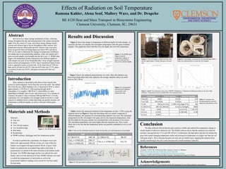 Results and Discussion
Effects of Radiation on Soil Temperature
Ramona Kahler, Alena Senf, Mallory Ware, and Dr. Drapcho
BE 4120 Heat and Mass Transport in Biosystems Engineering
Clemson University, Clemson, SC, 29631
References
1.Drapcho, C.(2019). BE 4120 Heat and Mass Transport- Lecture 16: Radiation.
2.http://precisionagricultu.re/soil-temperature-and-its-importance/
3.https://www.engineeringtoolbox.com/radiation-heat-emissivity-d_432.html
4.Drapcho, C.(2019). BE 4120 Heat and Mass Transport- Thermophysical Properties of Matter.
Acknowledgements
We would like to thank Dr. Caye Drapcho and the BE department for providing equipment and guidance.
Materials and Methods
Materials:
● Clay soil
● Grass
● Two 250 mL beakers
● Two Insulation bags
● Heat lamp
● Pyranometer
● HOBO software, datalogger and four temperature probes
In order to perform this experiment, two beakers were each
filled with approximately 200 mL of clay soil. One of the two
beakers were topped with approximately 40 mL of grass. Each
beaker was placed into an insulated bag under a heat lamp. A
pyranometer was placed at the same elevation as the beakers under
the lamp. Two HOBO data logger probes were placed into each
beaker, one at 24 mm and one at 65 mm. HOBO software was used
to collect the temperatures of each probe as well as the
pyranometer radiation readings every second for one hour under
the heat lamp.
Abstract
Soil serves as a major storage mechanism of heat, collecting
energy throughout the day and releasing heat to the surface during the
night. Over the course of a year, soil retains energy during warmer
seasons and releases heat to the air throughout colder seasons. Soil
temperature directly affects plant growth. Almost every crop slows
down its growth when soil temperatures are below 90℃ and above
50℃ (2). In order to determine the change in temperature at different
soil depths due to non-penetrating radiation, a bare soil sample and a
grass-covered sample were brought into the lab to test. A HOBO data
logger with temperature probes stationed at two different depths in
each sample was used. It was found that after 1 hour of light exposure
and an initial soil temperature of 22℃, heat is transferred faster in bare
soils as opposed to grass-covered soils. At the final time of 3760 sec:
Bare soil at 24 mm was 28.3℃, bare soil at 65 mm was 27.3℃, grass-
covered at 24 mm was 26.9℃, and grass-covered at 65 mm was
25.3℃.
Introduction
Solar radiation is described as the form of heat transfer that
occurs by electromagnetic waves from the sun to the earth. The radiant
flux from the sun, called irradiance (G), is measured in W/m^2, and is
approximately 1,370 W/m^2. After passing through earth’s
atmosphere, G is roughly 1,000 W/m^2, which differs in value
depending on latitude, time of year, and cloud cover. For a summer in
Clemson, the peak G value is between 800 and 900 W/m^2. For this
experiment, two soil samples were brought inside to test how a small
amount of radiation from a simple heat lamp can quickly increase soil
temperature at different depths, as well as with and without grass
cover.
Conclusion
The data collected showed that the grass acted as a buffer and reduced the temperature change at
similar depths of otherwise identical soils. The HOBO software shows that the radiation was relatively
constant, varying between 275.6 and 294.4 W/m^2. Furthermore, the data shows that the soil without the
grass both started changing temperature earlier and increased in temperature at a higher rate than the soil
with grass atop it. This is because the grass not only acts as a buffer layer, stopping the radiation from
initially transferring to the soil; it also increases the overall resistance value (R’).
Figure 5: The left beaker is filled with bare soil
and the right beaker is filled with grass-covered
soil.
Figure 1: The HOBO sensor screen
Figure 6: Each beaker was placed in an insulated bag while a
lamp was stationed above to heat the soil samples.
Figure 2: The HOBO data
logger measured
temperature change of
grass covered and bare
soils at two distinct depths.
Figure 3: A pyranometer
measured the irradiance
concurrently with
temperature data.
Figures 7 and 8: The temperature plots using COMSOL Multiphysics’ temperature modeling procedures at the end of data
collection. Temperatures closely resemble that of the measured values.
Figure 2 shows the change in temperature at different depths for both samples. As
expected, the bare soil samples showed higher temperatures than the grass insulated
samples. This graph also shows that the lower the depth, the lower the temperature.
Table 1 shows the analytical solutions to the temperature at time = 3760 s using the
equation shown in Figure 4. Since the heat lamp used was mainly comprised of
infrared radiation, the equation for non-penetrating radiation was used. The calculated
temperatures for the soil sample were quite close to the measured temperatures. Only
the first depth for the grass sample was calculated due to the presence of two layers.
The calculated temperature was much higher than the measured one. This is most
likely due to the fact that the temperature probe was partially embedded in soil as well
as grass.
Figure 3 shows the radiation measurements over time. Since the radiation was
from a heat lamp rather than solar radiation, the average radiation value was much
lower at 285.5 W/m2.
Table 1: Here are the calculated/ analytical values for heat flux (q”) and temperature at each depth.
Figure 4: The heat transfer analysis equation for non-penetrating radiation (1).
Table 2: Constants and
thermal properties used for
analytical calculations (3)(4).
 