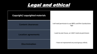 Legal and ethical
Copyright/ copyrighted materials
There are no copyrighted materials in any of my posters
Content clearances
I will need permission to use BBFCs and film 4 productions
logo
Location agreements
I used my own house, so I didn’t need any permission
Discrimination
I have not represented any social group unfairly
 