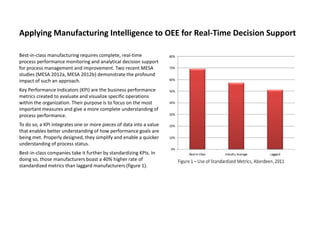 Applying Manufacturing Intelligence to OEE for Real-Time Decision Support

Best-in-class manufacturing requires complete, real-time
process performance monitoring and analytical decision support
for process management and improvement. Two recent MESA
studies (MESA 2012a, MESA 2012b) demonstrate the profound
impact of such an approach.
Key Performance Indicators (KPI) are the business performance
metrics created to evaluate and visualize specific operations
within the organization. Their purpose is to focus on the most
important measures and give a more complete understanding of
process performance.
To do so, a KPI integrates one or more pieces of data into a value
that enables better understanding of how performance goals are
being met. Properly designed, they simplify and enable a quicker
understanding of process status.
Best-in-class companies take it further by standardizing KPIs. In
doing so, those manufacturers boast a 40% higher rate of
standardized metrics than laggard manufacturers (figure 1).
 