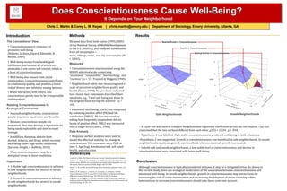 Does Conscientiousness Cause Well-Being?
It Depends on Your Neighborhood
Chris C. Martin & Corey L. M. Keyes

| chris.martin@emory.edu | Department of Sociology, Emory University, Atlanta, GA

Introduction

Methods

The Conventional View

We used data from both waves (1995/2005)
of the National Survey of Midlife Development
in the U.S. (MIDUS), and analyzed submissions
from all subsamples—
main, siblings, twins, and city oversamples (N
= 3,843).

‣ Conscientiousness is virtuous—it
promotes well-being
(Roberts, Jackson, Fayard, Edmonds, &
Meints, 2009).

‣ Well-being ensues from health, goal
fulfillment, and income, all of which are
attainable if one exerts self-control, which is
a facet of conscientiousness.

‣ Well-being also ensues from social
relationships. Conscientiousness contributes
to relationship quality, and predicts a lower
risk of divorce and infidelity among spouses.
‣ When interacting with others, less

conscientious people tend to be irresponsible
and impulsive.
Relating Conscientiousness to
Ecological Constraints

‣ In unsafe neighborhoods, conscientious
people may incur equal costs and benefits .

‣ Because conscientious people are
restrained, they may develop a reputation for
being easily exploitable and slow to enact
revenge.
‣ In addition, they may abstain from

alcohol, tobacco, and drugs, which increase
well-being under high-stress conditions
(Jackson, Knight, & Rafferty, 2010).

‣ Thus, conscientiousness may be a
mitigated virtue in these conditions.
Hypothesis

‣ 1: Stable high conscientiousness is salutary
in safe neighborhoods but neutral in unsafe
neighborhoods.

‣ 2: Growth in conscientiousness is salutary
in safe neighborhoods but neutral in unsafe
neighborhoods

Results
Maximal Growth in Conscientiousness
Stability in Conscientiousness
Maximal Decline in Conscientiousness

6

5

Measures

6

5

‣ Conscientiousness was measured using the
MIDUS adjectival scale comprising
“organized,” “responsible,” “hardworking,” and
“careless” (α = .57; Trapnell & Wiggins, 1990).

‣ Neighborhood safety was measuring used a
scale of perceived neighborhood quality and
health (Keyes, 1998). Respondents indicated
how closely four statements described their
situations, e.g., "I feel safe being out alone in
my neighborhood during the daytime” (α =
.64).

EWB

EWB
4

4

3

0

Data Analysis

‣ Response surface analyses were used to
model the effects of stability vs. change in
conscientious. The covariates were EWB at
time 1, Age (log), female, married, self-rated
health, and education.

References

3

0
1.5

1.5

0

0

-1.5

Safe Neighborhoods

-1.5
-1.5

-1.5

‣ Emotional Well-Being (EWB) was computed
by summing positive affect (PA) and life
satisfaction (SWLS). PA was measured by
asking how frequently respondents felt six
facets of positive affect. SWLS was measured
with a single item (Cantril, 1966).

1.5

1.5

Unsafe Neighborhoods

‣ A Chow test was used to compare the polynomial regression coefficients across the two models. This test
confirmed that the two surfaces differed from each other, χ2(5) = 12.04 , p = .034.
‣ Hypothesis 1 was falsified: High stable conscientiousness predicted well-being in both situations.
‣Hypothesis 2 was supported. Growth in conscientiousness was beneficial in safe neighborhoods. In unsafe

neighborhoods, moderate growth was beneficial, whereas maximal growth was neutral.
‣ In both safe and unsafe neighborhoods, a low stable level of conscientiousness and decline in

conscientiousness were associated with lower well-being.

Cantril, H. (1966). The Pattern of Human Concerns. New Brunswick, NJ: Rutgers.
Jackson, J. S., Knight, K. M., & Rafferty, J. A. (2010). Race and unhealthy behaviors:
chronic stress, the HPA axis, and physical and mental health disparities over the
life course. American Journal of Public Health, 100, 933–939.
Keyes, C. L. M. (1998). Social well-being. Social Psychology Quarterly. 61(2), 121–
140.
Roberts, B. W., Jackson, J. J., Fayard, J. V., Edmonds, G., & Meints, J. (2009)
Conscientiousness. In M. R. Leary & R. H. Hoyle (Eds.), Handbook of Individual
Differences in Social Behavior (pp. 369-381). New York, NY: Guilford.
Trapnell, P. D., & Wiggins, J. S. (1990). Extension of the Interpersonal Adjective
Scales to include the Big Five dimensions of personality. Journal of Personality and
Social Psychology, 59, 781–790.

Conclusion
Although conscientiousness is typically considered virtuous, it may be a mitigated virtue. As shown in
the current study, there are ecological moderators of the association between conscientiousness and
emotional well-being. In unsafe neighborhoods, growth in conscientiousness may extract costs by
increasing the risk of crime victimization and decreasing the adoption of stress-relieving habits.
Interventions to increase conscientiousness should take these costs into account.

 