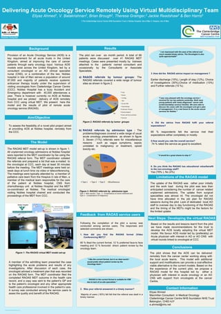 Poster template by ResearchPosters.co.za
Delivering Acute Oncology Service Remotely Using Virtual Multidisciplinary Team
Eliyaz Ahmed1, V. Balakrishnan2, Brian Brough2, Theresa Grainger,2 Jackie Readshaw2 & Ben Harris3
1.The Clatterbridge Cancer Centre NHS foundation Trust 2. Nobles Hospital, Isle of Man 3. Hospice, Isle of Man
Background
Provision of an Acute Oncology Service (AOS) is a
key requirement for all acute trusts in the United
Kingdom, aimed at improving the care of cancer
patients through early oncology input. Various AOS
models exist across the United Kingdom, led by a
consultant oncologist or an AO clinical specialist
nurse (CNS), or a combination of the two. Nobles
hospital in Isle of Man serves a population of around
87,000 and majority of patients receive systemic
anticancer therapy locally under the supervision of
visiting oncologists from Clatterbridge Cancer Centre
(CCC). Nobles Hospital has a busy Accident and
Emergency department with 40,000 attendances a
year. There is however currently no AOS at Nobles
hospital and we piloted delivery of AOS remotely
from CCC using virtual MDT. We present here the
model and the results of pilot of remote acute
oncology service (RAOAS).
Aim/Objective
A
B
The Model
The RAOAS MDT model set-up is shown in figure 1.
All unplanned oncology admissions at Nobles hospital
were reported to the MDT coordinator by fax using the
RAOAS referral form. The MDT coordinator collated
the referrals and prepared a list that was e-mailed to
the oncologist at CCC, each day at least 30 minutes
before the meeting. The MDT meetings were held on
week days at lunch time via video or teleconferencing.
The meetings were typically attended by a member of
palliative care team from the Hospice in isle of Man, a
member of the medical team responsible for the care
of the patient at Nobles hospital, CNS from
chemotherapy unit at Nobles Hospital and the MDT
co-coordinator at Nobles. The medical oncologist
visiting Nobles hospital chaired and conducted the
proceedings of the MDT from CCC.
Results
The pilot ran over six month period. A total of 66
patients were discussed over 41 RAOAS MDT
meetings. Cases were presented mostly by trainees
attached to the patients’ named consultant and
occasionally by the Consultants or Associate
Specialists.
a) RAAOS referrals by tumour groups: The
RAOAS referrals covered a wide range of tumour
sites as shown in figure 2.
b) RAOAS referrals by admission type : The
problems/diagnoses covered a wide range of usual
acute oncology presentations as shown in figure
3. Seven (11%) referrals were for miscellaneous
reasons such as vague symptoms, sepsis
unrelated to malignancy or treatment, opioid
toxicity etc.
Limitations of the RAOAS model
3 .How did the RAOAS advice impact on management ?
Earlier discharge (15%), Length of stay (12%), Choice
of investigations (30%),Choice of medication (13%)
and Further referrals (15 %).
4. Did the advice from RAOAS fulfil your referral
expectations?
65 % respondents felt the service met their
expectations either completely or mostly.
5.How would you rate the overall service?
74 % rated the service as good to excellent.
6. Do you think the RAOAS has educational value/benefit
to the non-oncology staff?
Yes (78% ), No (4%)
Feedback from RAOAS service users
Following the completion of the pilot a survey was
conducted among service users. The responses and
selected comments are shown.
1. How did you find the RAOAS format (Video
Conferencing MDT)?
60 % liked the current format, 12 % preferred face-to face
meeting and 12 % favoured direct- patient review by the
oncology team.
2. Was your referral answered in a timely manner?
Majority of users ( 60%) felt felt that the referral was dealt in a
timely manner.
Next Steps: Developing the virtual RAOAS
Conclusions
Contact Information
Based on the results and lessons learnt from the pilot
we have made recommendations for the trust to
develop the AOS locally adopting the virtual MDT
model. We favour AOS model led by (preferably) an
Acute physician with interest in AO or AO CNS with
virtual rounds linked to oncologist at CCC.
The pilot shows that the AOS can be delivered
remotely from the cancer center working along with
the local acute teams. This model with additional
support and modifications can provide a cost-effective
viable alternative to the current models. Based on the
the experience of the current pilot, we propose a
RAOAS model for this hospital led by either a
physician with interest in acute oncology or an AO
CNS with support from oncologists at the cancer
Centre.
To assess the feasibility of a novel pilot project aimed
at providing AOS at Nobles hospital, remotely from
the CCC.
Nobles Hospital
Eliyaz Ahmed
Macmillan Consultant in Medical Oncology
Clatterbridge Cancer Centre NHS foundation NHS Trust
Bebington, CH63 4JY
e.ahmed@nhs.net
the only source of a needed photo or graphic is the Web,
scaling must be applied with caution. Scaling an image more
A member of the admitting team presented the case
highlighting the acute problems and results of any
investigations. After discussion of each case, the
oncologist advised a treatment plan that was recorded
on the RAOAS form. The MDT coordinator filed the
completed RAOAS MDT outcome in the health care
record, and a copy was sent to the patient’s GP and
to the patient’s oncologist and any other appropriate
health care professional involved in the patient’s care.
A survey was conducted among the service users to
asses the quality and benefit of the RAOAS.
Figure 1: The RAOAS virtual MDT model set-up
The uptake of the RAOAS was rather poor initially
and the work load during the pilot was less than
anticipated considering the number of cancer related
unplanned admissions. The uptake from surgical
specialities was almost nil. The oncologist did not
have time allocated in the job plan for RAOAS
sessions during the pilot .Lack of dedicated local AO
staff to oversee day to day functioning of the RAOAS
and the timing of the MDTs might be the factors for
the limited uptake.
12%
15%
11%
3%
26%5%
3%
8%
9%
8%
Lung
Breast
Urology
Skin
GI	and	HPB
Haematology
Unknown	Primary
Gynaecological
Head	and	Neck	and	Brain
Sarcoma
27%
21%
41%
11%
Type	1		 Type	2 Type	3 Miscellaneous
Figure 2. RAOAS referrals by tumor groups
Figure 3. RAOAS referrals by admission type
Type 1- New cancers, Type, 2 - Complications of cancer treatment and
Type 3 – Complications of malignancy
"I like the current format, but in an ideal world I
would prefer direct patient review by the
Oncology team."
“ RAOAS in the current format is suitable for IOM
due to lack of on-site specialists “
“ I am impressed with the ease of the referral and
much needed timely advice. The Oncologist is also
quite approachable”
"I was very pleased with the oncology service I
received for my two patients yesterday. Both were
young patients with newly diagnosed cancer with
(understandably) anxious families. We were able to
discuss the cases with the oncologist and get a plan
of management. It is a real boost to the acute cancer
services for Nobles."
“ It would be a great shame to stop it."
 