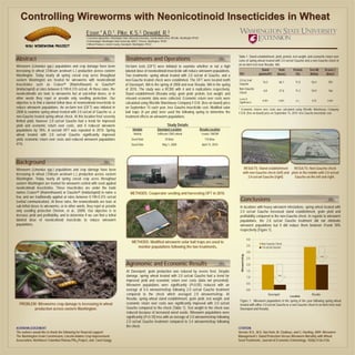 Controlling Wireworms with Neonicotinoid Insecticides in Wheat
                                                    Esser,* A.D. 1,               Pike,       K.S. 2,       Dewald,            R. 3
                                                    1 Extension Agronomist, Washington State University Extension, Lincoln-Adams Area, Ritzville, Washington 99169
                                                    2 Entomologist, Washington State University, IAREC, Prosser, Washington, 99350
                                                    3 Wheat Producer, Lincoln County, Davenport, Washington, 99122




Abstract                                                                                   Treatments and Operations
                                                                                                                                                                                        Table 1. Stand establishment, yield, protein, test weight, and economic return over
                                                                                                                                                                                        costs of spring wheat treated with 2.0 oz/cwt Gaucho and a non-Gaucho check in
                                                                                                                                                                                        an on-farm test near Rosalia, WA.
Wireworm (Limonius spp.) populations and crop damage have been                            On-farm tests (OFT) were initiated to examine whether or not a high
increasing in wheat (Triticum aestivum L.) production across eastern                      labeled dose of neonicotinoid insecticide will reduce wireworm populations.                                                Stand           Yield      Protein   Test Wt         R over C
Washington. Today nearly all spring cereal crop acres throughout                                                                                                                        TRT                        (plants/ft2)     (bu/ac)       (%)     (lb/bu)          ($/ac)†
                                                                                          Two treatments: spring wheat treated with 2.0 oz/cwt of Gaucho, and a
eastern Washington are treated for wireworms with neonicotinoid                           non-Gaucho treated check were established. The OFT were located north                         2.0 oz /cwt
                                                                                                                                                                                                                      16.5           66.1         11.0     56.4             392
insecticides such as Cruiser® (thiamethoxam) or Gaucho®                                   of Davenport, WA in the spring of 2008 and near Rosalia, WA in the spring                     Gaucho
(imidacloprid) at rates between 0.190-0.315 oz/cwt. At these rates, the                   of 2010. The study was a RCBD with 4 and 6 replications respectively.                         Non-Gaucho
                                                                                                                                                                                                                       6.8           27.6         11.2     54.0             166
neonicotinoids are toxic to wireworms but at sub-lethal doses, or in                      Stand establishment (Rosalia only), grain yield, protein, test weight, and                    Check
other words they repel or provide only seedling protection. Our                           relevant economic data were collected. Economic return over costs were                        Level of
                                                                                                                                                                                                                      0.001          0.001        n.s.     0.05            0.001
objective is to find a labeled lethal dose of neonicotinoid insecticide to                calculated using Ritzville Warehouse Company F.O.B. (free on board) price                     Significance
reduce wireworm populations. An on-farm test (OFT) was initiated in                       on September 15 each year, less Gaucho insecticide cost. Modified solar                       † Economic returns over costs was calculated using Ritzville Warehouse Company
2008 to examine spring wheat treated with 2.0 oz/cwt of Gaucho vs. a                      bait traps (4 per plot) were used the following spring to determine the                       F.O.B. (free on board) price on September 15, 2010 less Gaucho insecticide cost.
non-Gaucho treated spring wheat check. At this location frost severely                    treatment effects on wireworm populations.
limited yield, however 2.0 oz/cwt Gaucho had a trend for improved
yield and economic return over costs, and it reduced wireworm                                                                      Study Details
populations by 78%. A second OFT was repeated in 2010. Spring                                    Variable                 Davenport Location                         Rosalia Location
wheat treated with 2.0 oz/cwt Gaucho significantly improved                                       Variety                ‘Jefferson’ DNS wheat                        ‘Louise’ SWSW
yield, economic return over costs and reduced wireworm populations                              Seed Rate                        70 lb/ac                                110 lb/ac
41%.                                                                                            Seed Date                     May 1, 2008                             April 15, 2010




Background
Wireworm (Limonius spp.) populations and crop damage have been                                                                                                                                      RESULTS: Stand establishment       RESULTS: Non-Gaucho check
increasing in wheat (Triticum aestivum L.) production across eastern                                                                                                                                with non-Gaucho check (left) and plots in the middle with 2.0 oz/cwt
                                                                                                                                                                                                        2.0 oz/cwt Gaucho (right).     Gaucho on the left and right .
Washington. Today nearly all spring cereal crop acres throughout
eastern Washington are treated for wireworm control with seed applied
neonicotinoid insecticides. These insecticides are under the trade
names Cruiser® (thiamethoxam) or Gaucho® (imidacloprid) to name a                              METHODS: Cooperator seeding and harvesting OFT in 2010.
few, and are traditionally applied at rates between 0.190-0.315 oz/cwt
(verbal communication). At these rates, the neonicotinoids are toxic at                                                                                                                      Conclusions
sub-lethal doses to wireworms, or in other words, they repel or provide                                                                                                                     In locations with heavy wireworm infestations, spring wheat treated with
only seedling protection (Vernon, et al., 2009). Our objective is to                                                                                                                        2.0 oz/cwt Gaucho increased stand establishment, grain yield and
increase yield and profitability, and to determine if we can find a lethal                                                                                                                  profitability compared to the non-Gaucho check. In regards to wireworm
labeled dose of neonicotinoid insecticide to reduce wireworm                                                                                                                                populations, the 2.0 oz/cwt Gaucho treatment did not eliminate
populations.                                                                                                                                                                                wireworm populations but it did reduce them between 41and 78%
                                                                                                                                                                                            respectively (Figure 1).

                                                                                                                                                                                                             4.0
                                                                                                METHODS: Modified wireworm solar bait traps are used to                                                              Non-Gaucho Check
                                                                                                   monitor populations following the two treatments.                                                         3.5
                                                                                                                                                                                                                     2.0 oz/cwt Gaucho
                                                                                                                                                                                                             3.0
                                                                                                                                                                                            Wireworms/trap



                                                                                                                                                                                                                                                                    41%
                                                                                                                                                                                                             2.5
                                                                                           Agronomic and Economic Results                                                                                    2.0

                                                                                           At Davenport, grain production was reduced by severe frost. Despite                                               1.5
                                                                                           damage, spring wheat treated with 2.0 oz/cwt Gaucho had a trend for                                               1.0
                                                                                                                                                                                                                                    78%

                                                                                           improved yield and economic return over costs (data not presented).
                                                                                                                                                                                                             0.5
                                                                                           Wireworm populations were significantly (P<0.05) reduced with an
                                                                                           average of 0.4 wireworms/trap following 2.0 oz/cwt Gaucho treatment                                               0.0
                                                                                           compared to the check which averaged 2.0 wireworms/trap. At                                                                       Davenport                     Rosalia
                                                                                                                                                                                                                                              Location
                                                                                           Rosalia, spring wheat stand establishment, grain yield, test weight, and
                                                                                                                                                                                            Figure 1. Wireworm populations in the spring of the year following spring wheat
  PROBLEM: Wireworms crop damage is increasing in wheat                                    economic return over costs was significantly improved with 2.0 oz/cwt                            treated with either 2.0 oz/cwt Gaucho or a non-Gaucho check in on-farm tests near
         production across eastern Washington.                                             Gaucho compared to the check (Table 1). Test weight in the check was                             Davenport and Rosalia.
                                                                                           reduced because of increased weed seeds. Wireworm populations were
                                                                                           significantly (P<0.10) less with an average of 2.0 wireworms/trap following
                                                                                           2.0 oz/cwt Gaucho treatment compared to 3.4 wireworms/trap following
ACKNOWLEDGEMENT
                                                                                           the check.                                                                                   CITATION
The authors would like to thank the following for financial support:                                                                                                                    Vernon, B.S., W.G. Van Herk, M. Clodious, and C. Harding. 2009. Wireworm
The Washington Grain Commission, Lincoln-Adams Crop Improvement                                                                                                                         Management I: Stand Protection Versus Wireworm Mortality with Wheat
Association, Northwest Columbia Plateau PM10 Project, and Carol Quigg                                                                                                                   Seed Treatments. Journal of Economic Entomology. 102(6):2126-2136.
 