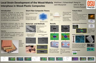 Local Strain Development of the Wood-Matrix                                                                                                                                Matthew J. Schwarzkopf Xiang Lin
                                                                                                                                                                           Lech Muszynski         John A. Nairn
Interphase in Wood-Plastic Composites                                                                                                                                                             Farzana Hussain
Introduction                                                                  Short Fiber Composite Theory                                                                                                                      Future Work
Mechanical properties of wood plastic                                                                                                                                                                 Effective load transfer
                                                                             -Fibers are identical in shape                                                                                           is limited to the         3D modeling




                                                                                                                                                               Tensile
                                                                                                                                                                stress
composites are determined by the load                                         and size                                                                                                                bonded length of the      The strain fields present represent the
transfer between the wood particle and                                                                                                                                                                fiber                     surface of the test specimen.
                                                                             -Fibers and matrix are well                                                                                                                        The particle is actually located some
the matrix. The strength of the internal                                                                                                                                 Bonded length of the fiber
                                                                                                                                                                                                      Residual load transfer
                                                                                                                                                                                                                                distance below the surface. 3D
                                                                              bonded at their interface                                                                                               through friction
bond determines whether the particles act                                                                                                                                                                                       modeling is required to resolve the




                                                                                                                                                               stress
                                                                                                                                                               Shear
                                                                              throughout deformation                                                                                                  in the de-bonded
as merely filler or as reinforcement.                                                                                                                                                                 segments of the fiber     strain field offset.
                                                                                                                         http://urbana.mie.uc.edu/yliu/Im
                                                                                                                         ages/short_fiber_composites.jpg

Assumptions previously made for short                                         Materials and Methods                                                           Results                                                           Single Particle Strain Measurements
fiber theory cannot be applied to wood
                                                                                                                Wood particles used in wood
plastic composites because the particles                                                                        plastic composites are :
are porous, permeable and irregular.                                                                            • Irregular
                                                                                                                • Porous                                                                                                                                                  Direct strain
                                                                                                                • Anisotropic                                                                                                                                             measurements will
Objective                                                                                                       • Non-homogeneous                                                                                                                                         be taken on single
                                                                                                                • Does the SFC theory apply?
Characterize the full-field deformation and                                                    Hussain (2009)
                                                                                                                                                                                                                                                                          particles
strain distribution in and around wood                                          Uniform geometry wire                 Wood Particle embedded                                                                                    Multiple Particle Interactions
                                                                                particles embedded in
flour particles embedded in a polymer                                             HDPE as reference
                                                                                                                             in HDPE

matrix experimentally.

                                                                 Wood
                                                                 Plastic
                                                                 Composite
                                                                                                                                                                                                                                WPCs loading rates vary depending
                                                                 Decking            Tensile Testing                                                                                                                             on the desired product. When the
                                                                 Material                                                                                                                                                       wood particle load is increased,
                                                                                                                                                                                                                                particle-particle interactions occur
                                                                                                                         Wood particle                      -High strain concentration -Higher strain levels present
                                                                                                                                                             present at fiber ends       at fiber ends                          Acknowledgements
                                                                                                                                                            -Load is transferred along -Load transfer is limited to
                                                                                                                                                             the majority of the fiber   the center portion of the
                                                                                                                   Wire particle (reference)
     http://www.appropedia.org/File:Wood_Plastic_Composite.jpg                                                                                                                           fiber
 