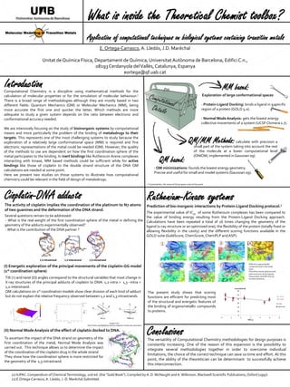 Exploration of large conformational spaces
- Protein-Ligand Docking: binds a ligand in a specific
region of a protein (GOLD 5.0).
- Normal Mode Analysis: gets the lowest energy
collective movements of a system (UCSF Chimera 1.7).
What is inside the Theoretical Chemist toolbox?
Application of computational techniques on biological systems containing transition metals
Molecular Modelling of Transition Metals
E. Ortega-Carrasco,A. Lledós, J.D. Maréchal
Unitat de Química Física, Departament de Química, UniversitatAutònoma de Barcelona, Edifici C.n.,
08193 Cerdanyola delVallès, Catalunya, Espanya
eortega@qf.uab.cat
IntroductionComputational Chemistry is a discipline using mathematical methods for the
calculation of molecular properties or for the simulation of molecular behaviour.1
There is a broad range of methodologies although they are mostly based in two
different fields: Quantum Mechanics (QM) or Molecular Mechanics (MM), being
more accurate the first one and quicker the latter. Which methods are more
adequate to study a given system depends on the ratio between electronic and
conformational accuracy needed.
We are intensively focusing on the study of bioinorganic systems by computational
means and more particularly the problem of the binding of metalodrugs to their
targets. This represents one of the most challenging systems to study because the
exploration of a relatively large conformational space (MM) is required and fine
electronic representations of the metal could be needed (QM). However, the quality
of the methods to use are dependent on how the first coordination sphere of the
metal participates to the binding. In inert bindings like Ruthenium Arene complexes
interacting with kinase, MM based methods could be sufficient while for active
bindings like those of cisplatin to the double strand structure of the DNA QM
calculations are needed at some point.
Here we present two studies on those systems to illustrate how computational
chemistry could be relevant in the field of design of metalodrugs.
(1) IUPAC. Compendium of ChemicalTerminology, 2nd ed. (the "Gold Book"). Compiled by A. D. McNaught and A.Wilkinson. Blackwell Scientific Publications, Oxford (1997).
(2) E.Ortega-Carrasco,A. Lledós, J.-D. Maréchal Submitted.
QM based:
MM based:
- QM minimizations: founds the lowest energy geometry.
Precise and useful for small and model systems (Gaussian 09).
QM/MM Methods:calculate with precision a
small part of the system taking into account the rest
of the molecule at a lower computational level
(ONIOM, implemented in Gaussian 09)
* In parenthesis: the name of the program used at this point.
Cisplatin-DNA adducts Ruthenium-Kinase systemsThe activity of cisplatin implies the coordination of the platinum to N7 atoms
of two guanines and the deformation of the DNA strand.
(I) Energetic exploration of the principal movements of the cisplatin-GG model
(1st coordination sphere)
(II) Normal Mode Analysis of the effect of cisplatin docked to DNA.
ConclusionsTo ascertain the impact of the DNA strand on geometry of the
first coordination of the metal, Normal Mode Analysis was
carried out. This technique allows us to determine the impact
of the coordination of the cisplatin drug in the whole strand
They show how the coordination sphere is more restricted for
the geometry of the 1,3-intrastrand.
Several questions remain to be addressed:
- What is the real weight of the first coordination sphere of the metal in defining the
geometry of the adducts experimentally observed?
-What is the contribution of the DNA partner ?
Prediction of bio-inorganic interactions by Protein-Ligand Docking protocol.2
The experimental value of IC50 of some Ruthenium complexes has been compared to
the value of binding energy resulting from the Protein-Ligand Docking approach.
Calculations have been repeated a total of 16 times changing the geometry of the
ligand (x-ray structure or an optimized one), the flexibility of the protein (totally fixed or
allowing flexibility in the cavity) and the different scoring functions available in the
GOLD suite (GoldScore, ChemScore, ChemPLP and ASP).
The versatility of Computational Chemistry methodologies for design purposes is
constantly increasing. One of the reason of this expansion is the possibility to
integrate several methodologies together in order to overcome individual
limitations, the choice of the correct technique can save us time and effort. At this
point, the ability of the theoretician can be determinant to successfully achieve
this interconnection.
Images From:
http://x3dna.org/highlights/schematic-diagrams-of-base-pair-parameters
Tilt (t) and twist (W) angles correspond to the structural variables that most change in
X-ray structures of the principal adducts of cisplatin to DNA: 1,2-intra > 1,3 –intra >
1,2-interstrand.
QM calculations on 1st coordination models show clear division of each kind of adduct
but do not explain the relative frequency observed between 1,2 and 1,3 intrastrands.
1 2 3 4
5 6 7 Different organometallic
compunds used in this study
(top).
Plot of the results obtained with
both structures of the ligand),
fixed protein and ASP Scoring
Function (bottom).
The present study shows that scoring
functions are efficient for predicting most
of the structural and energetic features of
the binding of organometallic compounds
to proteins.
1,2-intrastrand 1,2-interstrand 1,3-intrastrand
 