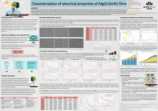 Characterization of electrical properties of Mg(Zn)SnN2 films
ABSTRACT
The fast growth of the semiconductor industry together with environmental pollution and lack of clean energy created binding demands upon new materials. MgSnN2 is reported as still unexplored with accurate
electrical properties consisting of earth-abundant highly recyclable elements. Based on previous experiments with the narrow bandgap semiconductor ZnSnN2, series of samples of crystalline thin films MgSnN2
were deposited using magnetron sputtering at room temperature. Measuring electrical properties by the four-probe method and Hall effect confirmed, that samples exhibit semiconducting properties. MgSnN2
with a rocksalt structure is expected to make an analog to GaN, and with its wide bandgap (above 2 eV) can provide new alternatives for LEDs and other optoelectronic devices.
INTRODUCTION
The depleting of mineral reserves, deteriorating of the natural environment and
the need to generate more and more electricity has led to an active search for
alternatives in energy production. Reducing carbon dioxide (CO2) emissions is at
the main aspect of the world’s transition from fossil fuels towards renewable
forms of energy. This encourages researchers to the intensive study of
photovoltaic converters with good efficiency, non-toxicity, and earth-abundant
materials that are easily recyclable and can be synthesized through a scalable
process [1].
ECONOMICAL BENEFITS OF USING SOLAR ENERGY
An important aspect of choosing elements to use for further manufacturing is
costs. Figure 9 shows the relative price of Ga, Sn, and Mg, were clearly
demonstrated Ga being more expensive than [6].
Considering electrical properties research in Granta Edupack showed that
although the resistivity of nitrides is higher, but comparing to Germanium or
Gallium price is more than twice lower. Other generated graphs in the same
software showed a decreased CO2 footprint.
Overall, solar energy is rapidly reaching the market. The cost of manufacturing
solar panels has fallen sharply. Comparing to other renewables, solar energy use
is increasing (Fig. 10), moreover research is becoming more rapid (Fig. 11).
If there is one product that can outperform crystalline silicon solar panels, it is a
thin-film module. The percentage of its use fall due to the high cost and toxity.
Therefore, the invention and application of new materials is necessary for
market development.
Moreover, ternary nitrides, have been reported to be p-doped (unlike III-V). This
capability of semiconductors together with other unique characteristics are
important and can replace their predecessors.
From the literature study, few variations of lattice constants and bandgaps,
which are decisive in controlling electronic properties important to devices were
distinguished:
Because MgSnN2 has not been previously synthesized, the growth of the
samples was based on previous knowledge obtained by growing ZnSnN2 by
magnetron sputtering. The percentage of Mg/Sn elements was changed for
completeness of the study, as well as the substrate (silicon and glass).
After applying 100 oC a shift of resistance happens. In a semiconductor, in certain temperature ranges, the conductivity increases rapidly with increasing temperature. When
reaching a particular temperature the conductivity begins to decrease again just as in metals. In addition, at lower temperatures, carriers move slowly, so they have more
time for interacting with charged impurities. At the same time, with increasing temperature, vibration in the lattice structure changes the energy of electrons. Overall
measurements showed that samples behave as semiconductors.
By the Hall effect, we can determine not only resistance but also the conductivity type, carrier concentration, and mobility. Results of the study of electrical properties by
Hall effect using contacts can be slightly different, as explained by The van der Pauw Method [5]. In-Sn contact was placed on the very corners (to avoid electricity loss) of the
same samples. Performing of new measurements showed decreasing of resistivity even more (final Table 3 and Fig. 7)
0.00E+00
1.00E+01
2.00E+01
3.00E+01
4.00E+01
5.00E+01
6.00E+01
7.00E+01
0.58337
0.56275
0.54165
0.53565
0.51809
0.5055
0.48189
0.47869
0.4663
0.45683
0.45561
Resistivity
ratio Mg/Sn
0.00E+00
1.00E-01
2.00E-01
3.00E-01
4.00E-01
5.00E-01
6.00E-01
7.00E-01
0.5055 0.48189 0.47869 0.4663 0.45683 0.45561
Resistivity
ratio Mg/Sn
resistivity without contact
resistivity with contact
resistivity 4 point probe
Sample
Thickness,
mkm
ratio
Mg/Sn
ρ (Hall)
ρ (Hall)
with contact
ρ (4-point-
probe)
Hall coef.
Hall coef. with
contact
MSN-29 1.77 0.58337 6.63E+01 3.33E+01 3.09E+01 -2.27E+02 -2.52E+00
MSN-30 1.74 0.56275 4.40E+01 2.31E+01 1.14E+01 6.48E+02 -1.54E+00
MSN-31 1.77 0.54165 1.24E+01 7.31E+00 2.99E+00 1.24 -4.27E-01
MSN-32 1.84 0.53565 5.45E+00 2.98E+00 1.34E+00 -1.97 -2.18E-01
MSN-33 1.85 0.51809 2.29E+00 1.19E+00 7.80E-01 -4.15E-01 -3.97E-02
MSN-34 1.84 0.5055 5.10E-01 5.88E-01 3.51E-01 -3.39E-02 -1.80E-01
MSN-35 1.86 0.48189 2.56E-01 3.43E-01 2.56E-01 -1.60E-02 -4.81E-02
MSN-36 1.91 0.47869 1.96E-01 2.42E-01 2.05E-01 -3.51E-02 -5.78E-02
MSN-37 1.95 0.4663 1.18E-01 1.90E-01 1.54E-01 -1.68E-02 -1.84E-01
MSN-38 1.96 0.45683 9.85E-02 1.18E-01 1.07E-01 -1.57E-02 -3.97E-02
MSN-39 1.96 0.45561 7.93E-02 9.58E-02 9.67E-02 -2.07E-02 -3.76E-02
ELECTRON MICROSCOPY RESULTS
The best first way to examine thin-film samples is electron microscopy. It is more profitable to begin with scanning microscopy analysis, which will provide information about
the structure of the samples and will give a clear picture of the surface [18]. It is assumed that the selected samples have different concentrations of elements, which may
affect the grain size and distance between them, as well as the orientation.
As expected from the comparisons of the results of measuring the characteristics of samples grain size increased slightly with nitrogen flow respectively. At the same time,
the percentage of oxygen decreased depending on N%.
6
8
10
12
14
O%
Sample N at% O at% Mg at% Sn at% raitio Mg/Sn
MSN-29 44.4 10.1 26.5 18.9 0.58
MSN-30 43.1 12.1 25.2 19.5 0.56
MSN-31 44.4 11.2 24.1 20.3 0.54
MSN-32 46.6 9.5 23.5 20.4 0.53
MSN-33 45.7 9.6 23.2 21.5 0.52
MSN-34 47.2 7.3 22.9 22.5 0.50
MSN-35 47.2 8.1 21.6 23.2 0.48
MSN-36 47.1 7.9 21.5 23.4 0.48
MSN-37 47.3 7.7 21.0 24.0 0.47
MSN-38 48.7 6.8 20.3 24.2 0.46
MSN-39 48.3 6.6 20.5 24.5 0.46
Mines Nancy
Département Matériaux
Program: Multiscale materials
Research project in 3A of Mines
Nancy
ECTS: 8
Project report completed by
Nelia Zaiats
Supervisors: Jean-François Pierson, Fahad Alnjiman, Agathe Virfeu
Date: 25/01/2021
GROWTH METHODS
In work [2] successful growth of material by chemical vapor
deposition is described. The same type of films was made by
molecular beam epitaxy in work [3]. As can be seen from
parameters, lattice constant measured along work [3] is higher than
in [2], which theoretically gives better conductivity due to tightly
bound of electrons to the atom.
Figure 2 - Changes in concentrations of oxygen
Table 2 – Concentration of elements
Figure 1.1 – Surface pictures MSN-29
4000
5000
6000
7000
8000
9000
10000
11000
30
35
40
45
50
55
60
65
70
75
80
85
90
95
100
R,
Ohm
T, oC
MSN-29 SECOND HEATING
4000
4500
5000
5500
6000
6500
7000
30
35
40
45
50
55
60
65
70
75
80
85
90
95
100
R,Ohm
T, oC
MSN-29 SECOND COOLING
Table 3– Measurements results
Figure 3-6 – some of 4-probes results and its Arrhenius plots for MSN-29
Figure 7 – Measurements results
• From SEM results we can see that with increasing nitrogen concentration, the
grain size escalates, and the oxidation level decreases.
• Conductivity increases with temperature, which indicates the characteristics
of semiconductors. The resistivity, as well as deformation, decreased with
increasing amounts of nitrogen.
• The main charge carriers of samples MSN30-31 are holes, for samples №32-
39 electrons. Contacts placed samples help to perform better conductivity.
• The market analysis indicates the growing popularity and importance of new
developments in solar energy, and solar energy is expected to become the
most prominent power source by 2050.
Figure 8 – Price on the resistance of semiconductor
materials (based on GRANTA 2020) [7]
Figure 9 – The price changes of Mg, Sn
comparing to Ga from 2000 to 2016 [6]
Figure 10 – Recent trends in the use of solar
energy [2]
Figure 11 – Trends in the development of patents for
renewable energy sources [2]
CONCLUSIONS
• The choice of nitride-based alloys in comparison
with other semiconductor materials is
substantiated.
• Magnetron sputtering was chosen as the most
profitable method to achieve good quality
samples.
ELECTRICAL PROPERTIES MEASUREMENTS
In semiconductors at room temperature, the size of the bandgap decreases, the material receives enough thermal energy so that the electrons can
easily jump over the bandgap and make transitions to the conduction band. By performing the 4-point-probe method of measuring electrical
characteristics the resistance and resistivity from there respectively of the sample can be calculated.
Calculated for rectangular samples with different thickness correction factor C = 4.2209. Graphs were transferred to Arrhenius plot in order to
calculate activation energy. For MSN29 Ea=0.06-0.19eV, for MSN30 Ea= 0.063-0.135eV, for MSN31 Ea=0.067-0.083 eV, depending on temperature.
ZnSnN2 = InGaN
MgSnN2 = GaN
ZnSnN2
MgSnN2
GROUP OF MATERIALS AND ASSUMPTION
Unlike monocrystalline and polycrystalline solar panels, thin
films сan be made of various materials, also in a form of
alloys – a promising structure for use in PV due to unique
characteristics and a large selection of components.
Theoretical
direct bandgap
3.43eV
lattice constants:
a = 6.905Å,
b = 5.932Å,
c = 5.499Å
Experimental #1 [5]
direct bandgap
2.57 eV - 3.325 eV,
lattice constants:
a = 5.746-5.932Å,
b = 6.712-6.905Å,
c = 5.313-5.499Å
Experimental #2 [6]
direct bandgap
2.3 eV,
lattice constant
a=4.4832Å
MOCVD MSE MBE
CVD PVD PVD
Toxic elements, require experience Metals and inert gases Metals and inert gases
Up to atmospheric pressure Ultra-high vacuum Ultra-high vacuum
Close to thermodynamic
equilibrium
Can grow thermodynamically
forbidden materials
Can grow thermodynamically
forbidden materials
Thickness can be few nanometers Can cover sharp interfaces Can cover sharp interfaces,
monolayer thickness
Suitable for mass production Suitable for large-scale production Limited for lab research
The high temperature required
(>1000 oC)
T up to 700 oC, possible to grow
high-quality film in room T
T up to 800 oC
Table 1– Comparison of described in literature growth methods for MgSnN2
REFERENCES
[1] F. Alnjiman, “Chemical environment and functional properties of highly crystalline ZnSnN2 thin films deposited by reactive sputtering at
room temperature,” Solar Energy Materials and Solar Cells 182, 30–36, 2018. DOI: 10.1016/j.solmat.2018.02.037
[2] F. Kawamura, "Synthesis of a Novel Rocksalt-Type Ternary Nitride Semiconductor MgSnN," EurJic: European Journal of Inorganic
Chemistry, pp. 446-451, 2020.
[3] K. R. York, "MgSnN2: A New Eco-Friendly Wide Band Gap Semiconductor," Western Michigan University, 2018.
[4] J.F. Pierson, “Materials Characterization,” Course lectures FICM 3A – Multiscale Materials, Lorraine University, 2020
[5] M. Cornils, "How to Extract the Sheet Resistance and Hall Mobility From Arbitrarily Shaped Planar Four-Terminal Devices With Extended
Contacts," IEEE Transactions on Electron Devices, vol. 57, pp. 2087 - 2097, 12 July 2010.
[6] U. S. Geological Survey, “MINERAL COMMODITY SUMMARIES 2017,” 2017.
DOI: 10.3133/70180197
[7] CES Edupack 2016. Cambridge: Granta, 2017
[8] IRENA, "IRENA - International Renewable Energy Agency," 2005-2020. [Online].
Figure 1.2 – Surface pictures MSN-34 Figure 1.3 – Surface pictures MSN-39
7.00
7.50
8.00
8.50
9.00
9.50
10.00
10.50
lnR
1/T , K^-1
MSN-29 FIRST HEATING
7.00
7.50
8.00
8.50
9.00
ln
R
1/T , K^-1
MSN-29 FIRST COOLING
8.40
8.60
8.80
9.00
9.20
9.40
lnR
1/T, K^-1
MSN-29 SECOND HEATING
8.30
8.40
8.50
8.60
8.70
8.80
8.90
lnR
1/T, K^-1
MSN-29 SECOND COOLING
0
5000
10000
15000
20000
25000
30000
30
50
70
90
110
130
150
170
190
210
230
250
R,
Ohm
T, oC
MSN-29 FIRST HEATING
0
1000
2000
3000
4000
5000
6000
7000
30
50
70
90
110
130
150
170
190
210
230
250
R,Ohm
T, oC
MSN-29 FIRST COOLING
 