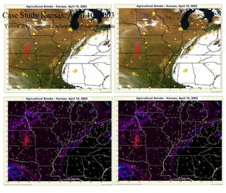 Case Study Kansas, April 10, 2003  Surface reflectance   Yellow dots represent surface PM2.5 measurements taken at 12:00pm, AIRNOW AOT and wind vectors 