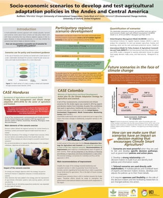 A multi-stakeholder scenarios approach with multiple plausible, narrative
and numerical, stories about future contexts can help policy makers work
with future uncertainty that may inﬂuence adaptive capacity in their re-
gions. However, in many scenarios processes, it is not clear whether the
scenarios have had an impact on decision-making.
Socio-economic scenarios to develop and test agricultural
adaptation policies in the Andes and Central America
Introduction Participatory regional
scenario development
Quantiﬁcation of scenarios
Stakeholders and decision makers from the public and private sector
including research organizations create a set of multiple regional
scenarios (in this case for Central America and the Andes)
How can we guarantee a successful use of scenarios for
targeted policy guidance?
In the case of Honduras and Colombia we started with a draft version of
a plan, stakeholders developed the scenarios; tested the plan across sce-
narios and made recommendations for a more robust plan
Figure 1: A draft version of a plan or policy is tested and improved
through scenarios (Joost Vervoort, 2014)
Scenarios use for policy and investment guidance
Draf Plan Develop scenarios Test plan
in scenarios
Robust Plan
Ministry of Agriculture and Rural Development.
Action plan for the Climate Adaptation Strategy for
Agriculture and Livestock.
1. Scenarios are most powerful when they are used
to test and develop speciﬁc decision pathways,
such as government policies and action plans.
2. Develop a strong relationship with
decision-makers to build trust and identify draft
policies and information needs.
3. Tailored scenarios are used directly with
stakeholders: A multidisciplinary and multilevel team
of experts and decision makers reviews, develops and
adjusts the policies up to their ﬁnest details.
4. It requires openness and ﬂexibility on the side of
the decision-makers and the facilitating researchers to
put changed policies into action.
How can we make sure that
scenarios have an impact on
decision-making that
encourages Climate Smart
Agriculture?
Secretariat of Agriculture and Livestock (SAG).
Strategy for risk management and climate change
adaptation (2015-2019) for the sector of agriculture
and livestock.
The CCAFS scenario exercise resulted in the integration of a
completely new strategic focus, 4 other new elements and
multiple other improvements on activity level. The strategy is
now being implemented.
Main elements of the scenario exercise
Decision makers tailored the regional scenarios for Central America to
Honduras´ context and received regional model results that were of
interest
Tested the robustness of the strategy in multiple future scenarios: What
are main barriers and enabling factors that should be taken into
account? What strategies are robust enough to succeed in several future
scenarios?
Set up recommendations to improve the effectiveness of the strategies´
milestones, objectives and action points
Impact of the scenario exercise
An entirely new strategic objective within the strategy; focused on
training for farmers in adaptation measures in increase production
capacity
Other elements that were added to the strategy were the improvement
of agro-climatic information systems; early warning systems; and land
use planning
Its original focus on stimulating aquaculture production was expanded
to other types of livestock
CASE Honduras
CASE Colombia
Figure 2: Shared Socioeconomic Pathways (SSPs), deﬁne ﬁve possible paths that
human societies could follow over the next century (Palazzo A et al, 2014). Each of the
regional CCAFS scenarios is compared and then linked to an SSP: New Maya collapse;
Freedom ﬁghters without freedom; 14 Baktun, the beginning of the Mayan prophecy;
Crowded.
Future scenarios in the face of
climate change
International Model for Policy Analysis of Agricultural Commodi-
ties and Trade (IMPACT) of the International Food Policy Research Insti-
tute (IFPRI) model is designed to examine alternative futures for global
food supply, demand, trade, prices, and food security (Rosegrant et al,
2012) .
Each of the regional CCAFS scenarios is compared and then linked to
one of the ﬁve Shared Socioeconomic Pathways, the new global scenarios
developed by the IPCC-related research community, of which each have a
different impact on the radiative forcing levels that deﬁne climate change
(O´Neill et al, 2014)
Global Biosphere Management Model (GLOBIOM) created by
International Institute for Applied Systems Analysis (IIASA) is used to
analyze the competition for land use between agriculture, forestry, and
bioenergy, which are the main land-based production sectors (Havlík et
Socio-economic
challengesformitigation
Socio-economic challenges
for adaptation
SSP 5:
SSP 2:
SSP 1:
(Mit. Challenges Dominate)
Conventional
Development
(Intermediate Challenges)
Middle of the Road
SSP 3:
(High Challenges)
Fragmentation
(Low Challenges)
Sustainability
SSP 4:
(Adapt. Challenges Dominate)
Inequality
Baktun
14
Freedom
ﬁghters without
freedom
Crowded
New Maya
Collapse
The stakeholder generated scenarios are quantiﬁed using two agricul-
tural economic models, each with different assumptions; GLOBIOM
(Havlik et al, 2014) and IMPACT (Rosegrant and Team 2014) .
The stakeholder generated scenarios are quantiﬁed using two agricul-
tural economic models, each with different assumptions; GLOBIOM
(Havlik et al, 2014) and IMPACT (Rosegrant and Team 2014) .
To provide inputs for this quantiﬁcation, drivers like population, GDP,
tecnology, impacts on yields, farm input costs and others are evaluated
for each scenario, in terms of scenario logic, direction of change and
volatility. These semi-quantitative results are then linked to the global
Shared-Socio-economic Pathways (O´Neill et al, 2014).
A set of four socioeconomic, environmental and climate
scenarios for the Andes region was created in 2013 by experts
and decision makers from Colombia, Ecuador, Peru and Bolivia
that work in agriculture, livelihoods and environment. The
initiative took place in collaboration with the United Nations
Environment Programme’s World Conservation Monitoring
Centre (UNEP-WCMC).
Quantiﬁed model results were used to create land use in maps of the
region that show changes in biodiversity, ecosystem services in the
scenarios.
A draft version of the action plan for the Climate Adaptation Stra-
tegy for Agriculture and Livestock was tested for robustness
in each of the four regional scenarios. Recommendations of
improvement were made by a multidisciplinary team of experts of
each country. These will be presented to the Ministry of Planning
and Ministry of Agriculture and Rural Development in April 2015.
The sectorial strategy is of priority for Colombia and thus will be
approved in 2015.
Amplify the scope of the strategy towards biodiversity and
ecosystem services in order to guarantee future food security.
Include a section regarding territorial planning in order to guarantee
future fertile land for agriculture. This in the light of future increase
in urbanization.
Several future scenarios show a shift in markets towards the Andes
region. Therefore efforts should be made to strengthen the
government’s international relations and south-south cooperation in
the region.
Main recommendations of improvement
A set of four socioeconomic, environmental and climate scenarios
for the Central America was created in 2013 by experts and
decision makers of Belize, Guatemala, Honduras, Nicaragua, Costa
Rica and Panama.
Detailed narratives are developed for each scenario
These are based on future factors of change that are relevant and un-
certain for the scope of agriculture, food security, environment and liveli-
hoods.
Authors: Marieke Veeger (University of International Cooperation, Costa Rica) and Joost Vervoort (Environmental Change Institute,
University of Oxford, United Kingdom)
 