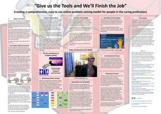 “Give us the Tools and We’ll Finish the Job”
Creating a comprehensive, easy to use online problem-solving toolkit for people in the caring professions
References
Arkley , S. and Jones, D. (2014) The social work profession and
professional public relations. In Franklin B. and Parton, N. Social
Work, the Media and Public Relations. London: Routledge
British Association of Social Work (2011) BASW/CoSW England
research on supervision in social work, with particular reference
to supervision practice in multi disciplinary teams. London: BASW
Clarke, N. (2013) Transfer of training: the missing link in training
and the quality of adult social care. Heath and Social Care.
Volume 21, Issue 1
January 2013 Pages 15–25
Community Care (2014) Almost one in 10 social workers forced to
brink of quitting as stress takes its toll. Available from
http://www.communitycare.co.uk/2014/10/01/almost-one-10-
want-quit-social-work-due-excessive-stress/ Last accessed
03.01.17
Department for Education (2014) Children’s Social Work
Workforce during year ending 30 September 2014. London: HMSO
International Federation of Social Workers (2014) Global
Definition of Social Workl Avaliable from
http://ifsw.org/policies/definition-of-social-work/ last accessed
02.01.17
Koprowska, J. (2007) Communication skills in social work. In
Lymbery, M. and Postle, K. Social Work: A companion to learning.
London; Sage
ParliamentUK (2016) Professional Body, regulation and
leadership. Available from
http://www.publications.parliament.uk/pa/cm201617/cmselect/
cmeduc/201/20109.htm last accessed 03/01/17
Stewart, I. and Cohen, J. (1997) Figments of Reality. Cambridge:
Cambridge University Press.
Venning, H. (2013) Cheer Up. Available at
https://www.theguardian.com/society/cartoon/2013/may/28/cla
re-in-the-community-cheer-up Last accessed 03/1/17
Webb, D. (1992) Regulation for radicals: the state, CCETSW and
the academy. In Parton, N. (1992) Social Theory, Social Change,
and Social Work. London: Routledge
Image Credits
https://commons.wikimedia.org/wiki/File:Prisonbars.PNG
http://de.forwallpaper.com/wallpaper/panorama-purple-
sunsets-365991.html
http://clipart-library.com/clipart/457663.htm
Description of the website
The project uses a website that guides users
through the process of helping by asking simple
‘yes/no’ questions. Depending on the answers,
users will be guided to another question or a
task.
The site provides practical tools and the
theoretical models on which the tools are based
so that users can be assured that they are using
good practice.
Conclusions
Although this model is primarily focused on
social work, it is not limited to that. As a
Networked Practitioner, there is a commitment
to ‘practice what we preach’, and focus on the
sharing of tools to solve problems and create a
better society.
The new technological tools that have been vital
to the development of this tool create new
opportunities and new threats to society. They
disrupt the traditional ways of doing things and
create a demand for new ways of doing things.
This model and this presentation are therefore
part of a wider social trend, from a reliance on
experts and technical fixes to one of smaller,
more personalised and more values led approach
to personal and social change. Whilst there is no
guarantee that this will succeed, this model
offers us a toolkit to create a better way to help
people solve problems.
What’s the Point?
Social work is a profession that is rooted deeply
in a values base. Its stated aim is to bring about
change that will enhance well-being, and in its
broadest sense it aims to promote social justice
(IFSW, 2014). Despite this, there is a crisis in the
profession.
Many social workers feel deeply unhappy in their
work, (Community Care, 2014) and a number of
organisations have identified retention as a
major problem for the profession (BASW, 2011,
DoH, 2014). Social workers go into the profession
with the desire to make a difference, and then
leave when they find that their capacity to do
that is severely limited.
This raises a key question as to why this should
be the case.
The Problem With Social Work
The harsh reality for social work is that it is a
profession without a clear identity. Most people
will be able to identify what a nurse or a teacher
does, but have little understanding of what a
social worker does (Arkley and Jones, 2014,
p218).
Social work has struggled to develop a unifying
set of knowledge or skills that mark it out as
separate from other ‘helping professions’, and it
is about to have its third professional regulator in
a little over a decade (ParliamentUK, 2016).
The net effect of this is to leave social workers
feeling under attack from many sides with little
sense of certainty about their role or purpose.
This is a situation that benefits no-one, not the
social workers, those they work with, the
services who employ them, or the tax-payers
who fund them.
In 1992 Webb raised concerns about the failure
of social work education and training to provide
practitioners with “the excitement of excellence”
(p 182), relying instead on an ever changing a
surface-level focus on measurable competences
or capabilities.
In 2006, Koprowska posed the question, “Has
social work outsourced its heart?” (p126) This
question comes from an analysis of social work
as being rooted in the desire to help people, but
being increasingly driven to focus more on
administering systems, not impacting on people’s
lives.
This trend has only continued as social work
struggles to find a place in a time of austerity.
The result is a profession in crisis needing new
models that can restore professional pride.
That is the focus of this presentation.
A Vision of Social Work
The global definition provides a solid start point
for a vision for social work. It recognises that
many people face “life challenges” which
diminish their well-being, and that the reasons
for this are complex and multi-factorial. Social
work aims to work with people in these
situations and co-create social just ways to
overcome these challenges and enhance well-
being (IFSW, 2014).
As has been stated, many social workers believe
in this, but are in need of practical strategies to
achieve this. There is a need for a practical vision
for social work.
What this presentation aims to do is to introduce
a powerful, flexible, and yet simple approach to
working with people to help them solve their
problems. The belief is that once social workers
are equipped with such an approach, and the
necessary tools to get it to work, then it can form
an identity that will support social workers in
staying in and developing excellence in their
profession.
Building Bridges
from current
realities to
preferred futures
The Art and Science of
Problem Solving
Reclaiming Problem-Solving
Whilst many books exist on social work theories
and models, Problem-solving remains curiously
under-explored. This presentation will put
forward a case for reclaiming problem-solving as
powerful unifying model for social work. This
model is one that provides clear yet flexible
guidance on how to help someone work through
a process of problem-solving.
Overview of the Model
The proposed model of problem-solving uses a
series of simple yes/no questions to guide a
worker through the process of helping someone
find a solution to their problems. Each answer
will lead to either another question or a task.
The process flows from relationship building, to
problem exploration, to solution generation, to
evaluation and refinement of solutions, to
closure.
Despite the focus on simplicity the process itself
can be challenging and cyclical when used in
practice. The yes/no questions require great skill,
personal integrity, and self-awareness to answer
well. The tasks may need to be done repeatedly
before the person reaches a solution to their
problems.
The video below provides more details of the
model itself.
Applicability and ‘Stickability’
Providing a model does not guarantee that
anyone will be able to apply it. Models may make
sense in the abstract, and yet struggle when
tested in the world of everyday social work
practice.
In the same way, training people in individual
techniques may give them useful tools, but these
tools decay if not applied. Much training is of
limited usefulness as the learning does not ‘stick’
unless it can be fully integrated into practice.
(Clarke, 2013) This approach aims to address that
by having a twin-track approach, a simple model
that the worker can return to, and a practical set
of tools with build on the worker’s existing skills
and give easily accessible, practical guides to
when, how, and why to use specific additional
tools.
Taken together this ensures that learning can be
applied and that it ‘sticks;.
An Evolutionary Process
The central aim of the project is to adopt an
evolutionary process, where ideas are tested,
feedback is collected, and this feedback is used
to refine and develop the model and the tools
used. The website then becomes a collective hub
for pooling practitioner wisdom and a base for
ensuring social workers have a tried and tested
toolkit to help people solve their problems.
Preparing to Present
The H818 conference will be the next stop in this
evolutionary process. The conference
presentation will provide a multi-media
demonstration of the model, showing how it
helps workers move from building a relationship
to successfully closing a working relationship
having supported someone else as they generate
their own solutions.
A central message of the presentation is that
collaboration and values lie at the heart of the
helping process. Instead of the traditional
models of helping, where the intelligence and
skills of the helper are the main focus, the
presentation will focus on the importance of
‘Extelligence’ (Steward and Cohen, 1997), the
distributed and social supported range of tools
available in a network of relationships, is central
to the problem-solving process.
The presentation will also reflect on the ways in
which the H818 module has itself helped in
shaping and refining this process.
Video Introduction to the Model
To visit the website click here
Click on the above image to visit the website
Venning, 2013
 