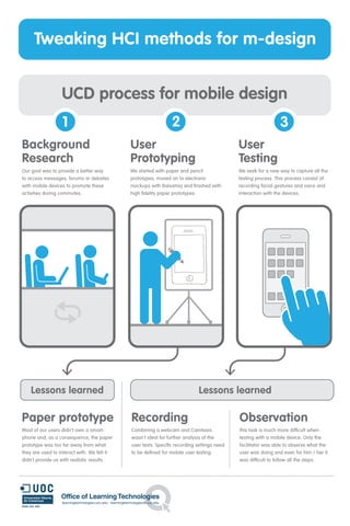 Tweaking HCI methods for m-design


                  UCD process for mobile design
                  1                                            2                                              3
Background                                   User                                          User
Research                                     Prototyping                                   Testing
Our goal was to provide a better way         We started with paper and pencil              We seek for a new way to capture all the
to access messages, forums or debates        prototypes, moved on to electronic            testing process. This process consist of:
with mobile devices to promote these         mockups with Balsamiq and ﬁnished with        recording facial gestures and voice and
activities during commutes.                  high ﬁdelity paper prototypes.                interaction with the devices.




    Lessons learned                                                         Lessons learned

Paper prototype                              Recording                                     Observation
Most of our users didn't own a smart-        Combining a webcam and Camtasia               this task is much more difﬁcult when
phone and, as a consequence, the paper       wasn't ideal for further analysis of the      testing with a mobile device. Only the
prototype was too far away from what         user tests. Speciﬁc recording settings need   facilitator was able to observe what the
they are used to interact with. We felt it   to be deﬁned for mobile user testing.         user was doing and even for him / her it
didn't provide us with realistic results.                                                  was difﬁcult to follow all the steps.
 