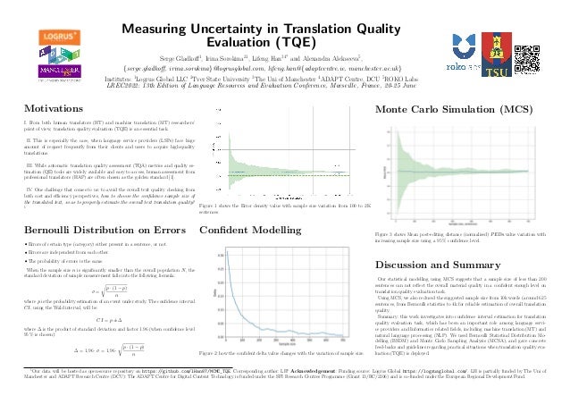 Measuring Uncertainty in Translation Quality
Evaluation (TQE)
Serge Gladkoff1
, Irina Sorokina21
, Lifeng Han34*
and Alexandra Alekseeva5
,
{serge.gladkoff, irina.sorokina}@logrusglobal.com, lifeng.han@{adaptcentre.ie, manchester.ac.uk}
Institutes: 1
Logrus Global LLC 2
Tver State University 3
The Uni of Manchester 4
ADAPT Centre, DCU 5
ROKO Labs
LREC2022: 13th Edition of Language Resources and Evaluation Conference, Marseille, France, 20-25 June
Motivations
I. From both human translators (HT) and machine translation (MT) researchers’
point of view, translation quality evaluation (TQE) is an essential task.
II. This is especially the case, when language service providers (LSPs) face huge
amount of request frequently from their clients and users to acquire high-quality
translations.
III. While automatic translation quality assessment (TQA) metrics and quality es-
timation (QE) tools are widely available and easy to access, human assessment from
professional translators (HAP) are often chosen as the golden standard [1].
IV. One challenge that comes to us: to avoid the overall text quality checking from
both cost and efficiency perspectives, how to choose the confidence sample size of
the translated text, so as to properly estimate the overall text translation quality?
1
Bernoulli Distribution on Errors
Errors of certain type (category) either present in a sentence, or not.
Errors are independent from each other.
The probability of errors is the same.
When the sample size n is significantly smaller than the overall population N, the
standard deviation of sample measurement falls into the following formula:
σ =
r
p · (1 − p)
n
where p is the probability estimation of an event under study. The confidence interval
CI, using the Wald interval, will be:
CI = p ± ∆
where ∆ is the product of standard deviation and factor 1.96 (when confidence level
95 % is chosen):
∆ = 1,96 · σ = 1,96 ·
r
p · (1 − p)
n
Figure 1 shows the Error density value with sample size variation from 100 to 2K
sentences.
Confident Modelling
Figure 2: how the confident delta value changes with the variation of sample size.
Monte Carlo Simulation (MCS)
Figure 3 shows Mean post-editing distance (normalised) PEDn value variation with
increasing sample size using a 95 % confidence level.
Discussion and Summary
Our statistical modelling using MCS suggests that a sample size of less than 200
sentences can not reflect the overall material quality in a confident enough level on
translation quality evaluation task.
Using MCS, we also reduced the suggested sample size from 10k words (around 625
sentences, from Bernoulli statistics to 4k for reliable estimation of overall translation
quality.
Summary: this work investigates into confidence interval estimation for translation
quality evaluation task, which has been an important role among language servi-
ce providers and Informatics related fields, including machine translation (MT) and
natural language processing (NLP). We used Bernoulli Statistical Distribution Mo-
delling (BSDM) and Monte Carlo Sampling Analysis (MCSA), and gave concrete
feed-backs and guidelines regarding practical situations when translation quality eva-
luation (TQE) is deployed.
1
Our data will be hosted as open-source repository on https://github.com/lHan87/MCMC_TQE. Corresponding author: LH∗
Acknowledgement: Funding source: Logrus Global https://logrusglobal.com/. LH is partially funded by The Uni of
Manchester and ADAPT Research Centre (DCU): The ADAPT Centre for Digital Content Technology is funded under the SFI Research Centres Programme (Grant 13/RC/2106) and is co-funded under the European Regional Development Fund.
 