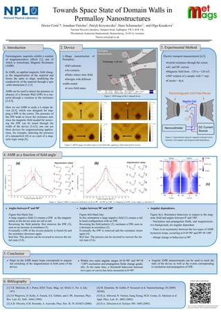 Towards Space State of Domain Walls in
Permalloy Nanostructures
Héctor Corte1
*, Jonathan Fletcher1
, Patryk Krzysteczko2
, Hans Schumacher2
, and Olga Kazakova1
1
National Physical Laboratory, Hampton Road, Teddington, TW11 0LW, UK.
2
Physikalisch-Technische Bundesanstalt, Braunschweig , D-38116, Germany
*hector.corte@npl.co.uk
3. Experimental Method1. Introduction
6. Bibliography
Electric transport measurements [4,5].
4 point resistance through the corner.
AC and DC current.
Magnetic field from –120 to +120 mT.
360º rotation of a sample with 1º step .
Current = 4 A.
Angles between 0º and 90º
Figure 4(a) black line:
A large negative field (1) creates a DW as the magneti-
sation in the device arms are tail to tail.
Reversing the field polarity first removes the DW (2),
seen as an increase in resistance (3).
Eventually a DW of the reverse polarity is found (4) and
the resistance decreases again.
Red line: This process can be reversed to recover the ini-
tial state (5-8).
Angles between 90º and 180º
Figure 4(b) black line.
In this orientation a large negative field (1) creates a tail
to head configuration with no DW.
Reversing the field polarity (2), nucleates a DW, seen as
a decrease in resistance (3).
Eventually the DW is removed and the resistance raises
again (4).
Red line: The process can be inverted to recover the ini-
tial state (5-8).
Angular dependence.
Figure 4(c). Resistance behaviour in respect to the mag-
netic field and angles between 0º and 180º.
Nucleation and propagation fields, and magnetoresis-
tive background, are angular dependant.
There is an asymmetry between the two types of AMR
hysteresis loops, occurring at 0< <90º and 90º< <180º.
Abrupt change in behaviour at 90º.
[1] T.R. McGuire, R. I. Potter, IEEE Trans. Mag, vol. MAG-11, No. 4, July
1975.
[2] J-E Wegrowe, D. Kelly, A. Franck, S.E. Gilbert, and J.-Ph. Ansermet, Phys.
Rev. Lett. 82, 3681–3684 (1999).
[3] A.B. Oliveira, S.M. Rezende, A. Azevedo, Phys. Rev. B, 78, 024423 (2008).
[4] M. Donolato, M. Gobbi, P. Vavassori et al. Nanotechnology 20 (2009)
385501.
[5] D.A. Allwood, N. Vernier, Gang Xiong, M.D. Cooke, D. Atkinson et al.
Appl. Phys. Lett. 81, 4005 (2002).
[6] D.A. Allwood et al. Science 309, 1688 (2005).
Follow link to download:
http://www.npl.co.uk/publications/science-posters/towards-
space-state-of-domain-walls-in-permalloy-nanostrutures
2. Device
Figure 1. SEM image of the L-shaped device.
Ferromagnetic materials exhibit a number
of magnetoresistive effects [1], one of
which is Anisotropic Magneto Resistance
(AMR).
In AMR, an applied magnetic field chang-
es the magnetization of the material and
forces the spins to align, modifying the
conductivity of the material through a spin
-orbit interaction [1,2,3].
AMR can be used to detect the presence or
absence of a Domain Wall (DW) in a ma-
terial through a variation in the resistance
[3,4,5].
Here we use AMR to study a L-shape de-
vice [4,5], which was designed for trap-
ping a DW in the corner. The presence of
the DW tends to lower the resistance and,
since the magnetic field needed for remov-
ing the DW can be tuned through the
width of the device [3,4,5], one can use
these devices for magnetosensing applica-
tions, for example, detecting the presence
of a nanoparticle [4] or as a part of a mag-
netic logic setup [6].
5. Conclusion
Steps on the AMR major loops corresponds to sequen-
tial switching of the magnetization in both arms of the
device.
Within two main angular ranges (0< <90º and 90º<
<180º) nucleation and propagation fields change gradu-
ally. At the same time, a threshold behaviour between
two types of curves has been measured at =90º.
Angular AMR measurements can be used to track the
state of the device as well as the events corresponding
to nucleation and propagation of DW.
Figure 2. MFM images of stable states at zero field after applying a field indicated by arrows.
4. AMR as a function of field angle
Figure 3. Experimental setup for magneto-transport meas-
urements with angular and magnetic field dependence.
Figure 4. Typical AMR as a function of field for (a) 0<q<90º , (b) 90º<q<180º. (c) Mapping of AMR, versus angle, q, and field, H.
(a) (b)Magnetization states. Magnetization states.
(c)
L-Shape nanostructure of
Permalloy:
SiO substrate.
Au contacts.
Disks reduce stray field.
Designs with different
widths tested.
4 zero field states.
 