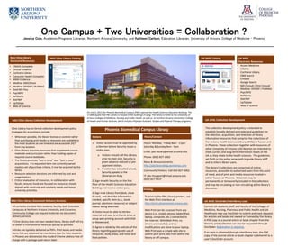 One Campus + Two Universities = Collaboration ?Jessica Cole, Academic Programs Librarian, Northern Arizona University, and Kathleen Carlson, Education Librarian, University of Arizona College of Medicine - Phoenix
• Access Medicine
• CINAHL
• Cochrane Library
• EBM Search
• Embase
• Google Search
• MD Consult / First Consult
• Medline: OVIDSP / PubMed
• PsycINFO
• RefWorks
• Stat!Ref
• UpToDate
• Web of Science
1. Visitor access must be approved by
a librarian before Security issues a
visitor pass.
a. Visitors should call the Library
prior to their visit; Security is
given advance noticed of pre-
approved visitors.
b. If visitor has not called ahead,
Security speaks to the
Librarian-on-Duty.
2. Sign-in with Security on the first
floor of the Health Sciences Education
Building and receive visitor pass.
.
3. Sign in at Library front desk, show
ID card, and describe information
needed, specific item (e.g., book,
journal, electronic resource) or subject
matter being searched.
4. Visitor must be able to retrieve
material and save to a thumb drive or
setup web printing account with VISA
or Mastercard.
5. Agree to abide by the policies of the
library regarding appropriate use of
resources, study areas, and noise and
food policies.
Current UA students, staff, and faculty of the Colleges of
Medicine, Nursing, Pharmacy and Public Health and UA
Healthcare may use DocOrder to submit and track requests
for articles and books not owned or licensed by the library.
A PDF copy of a journal article or book chapter from the
library's print collection can also be requested through
DocOrder. Registration is required.
If an item is obtained through interlibrary loan, the PDF
copy of the journal article or book chapter is delivered to a
user’s DocOrder account.
This collection development policy is intended to
establish broadly defined principles and guidelines for
the selection, acquisition, and retention of library
information resources that comprise the collections of
the Arizona Health Sciences Library (AHSL) in Tucson and
in Phoenix. These collections together with resources of
other University of Arizona (UA) libraries are intended to
meet current and long-term information needs of the
UA as they relate to the health sciences. The guidelines
set forth in this policy serve both to guide library staff
and to inform library users.
The library’s collections are comprised of online
resources, accessible to authorized users from the point
of need, and of print and media resources located in
either Tucson or Phoenix. Materials may be
permanently or temporarily included in the collections
and may be circulating or non-circulating at the library’s
discretion.
To print to the PBC Library printers, use
the Web Print interface at
http://print.phoenixmed.arizona.edu.
Web Print can be accessed from any
device (i.e., mobile phone, tablet/iPad,
laptop, computer, etc.) connected to
the Internet. With Web Print, no
drivers are installed, and no
modifications are done to your laptop.
Web Print uses a simple web site to
submit your print jobs from within the
library or off campus.
On July 6, 2012 the Phoenix Biomedical Campus (PBC) opened the Health Sciences Education Building. The
17,000 square foot PBC Library is housed in the building's A wing. The library is home to the University of
Arizona Colleges of Medicine, Nursing and Public Health ,as well as to Northern Arizona University’s College
of Health and Human Services, which includes Physician Assistant Studies and Physical Therapy programs.NAU Cline Library Collection Development
All currently enrolled NAU students, faculty, staff, Extended
Campuses at Northern Arizona University, and Coconino
Community College can request materials via document
delivery services.
If Cline Library does not own needed items, library staff will try
to obtain it from another library as quickly as possible.
Articles are typically delivered as PDFs. Print books and media
items that are obtained via interlibrary loan for NAU students
in Phoenix are delivered to the student’s home address free of
charge with a postage-paid return label.
NAU Cline Library Document Delivery Services
Hours/Contact
Printing
Visitors
Hours: Monday - Friday 8am - 11pm
Saturday & Sunday 9am - 9pm
Email: pbc-library@email.arizona.edu
Phone: (602) 827-2062
News & Announcements:
http://pbclibraryblog.wordpress.com
Community/Visitors: Call 602-827-2062
IT: pbc-itsupport@email.arizona.edu
(602) 827-HELP
UA AHSL Catalog
UA AHSL Collection Development
UA AHSL DocOrder/Interlibrary Loan
UA AHSL
Electronic Resources
• CINAHL Complete
• Clinical Evidence
• Cochrane Library
• Consumer Health Complete
• JAMA Evidence
• Medline: EBSCOhost
• Medline: OVIDSP / PubMed
• Ovid MD Plus
• PsycINFO
• RefWorks
• Stat!Ref
• UpToDate
• Web of Science
NAU Cline Library
Electronic Resources
NAU Cline Library Catalog
Cline Library has no formal collection development policy.
Strategies for acquisitions include:
• Whenever possible, the library licenses e-content rather
than purchasing print books so resources are available to
the most students at one time and are accessible 24/7
from any location.
• Cline Library acquires resources that supplement course
materials and curriculum rather than holding copies of
required course textbooks.
• The library practices “just in time” over “just in case”
acquisitions. If a requested item not currently owned
meets a set of purchase criteria, it may be acquired by the
library.
• Resource selection decisions are informed by cost and
usage metrics.
• Critical evaluation of resources, in collaboration with
faculty, ensures funds are focused on resources closely
aligned with curricular and scholarly needs and honor
university priorities.
Phoenix Biomedical Campus Library
 