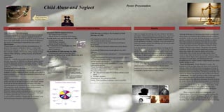 Poster Presentation
                                                                   Child Abuse and Neglect
                                                    Child Protection
                                                                                                                                                                                                           .
                                                    or Child Abuse ?




       Introduction                                                                                                               Initiatives Taken In India                                                                                    Results                                                           Conclusions

Child Abuse and Child maltreatment                                      Integrated Child Development Services                                      Child Marriage according to The Prohibiton of Child
                                                                           For Children From 0- 6 years.                                                                                                            There are enough laws dealing with areas related to child abuse       Although child abuse is a pervasive and complex problem with
Child abuse constitutes all forms of physical and or emotional                                                                                     Marriage Act, 2006.
                                                                           Mainly focuses on countering Child Neglect                                                                                               and neglect. Those mentioned are few among many. Apart from           many causes, we should not take a defeatist attitude toward its
ill-treatment, sexual abuse, neglect or negligent treatment or
                                                                        Juvenile Justice care and Protection Act, 2000                                                                                              these there is integrated Child Protection Scheme working for         prevention. At the very least, showing increased concern for the
commercial or other exploitation, resulting in actual or potential                                                                                 •Development of a child is effected, specially girl child.
                                                                           Juvenile Justice Board                                                                                                                   the development of child. There are a number of NGOs working          parents or caregivers and increasing our attempts to enhance
harm to the child’s health, survival, development or dignity in                                                                                    •The freedom of child is limited.
                                                                           Child Welfare Committee                                                                                                                  for the upliftment of children. Childline is one such initiative of   their skills as parents or caregivers may help save our most
the context of relationship of responsibility trust or power.                                                                                      •Hampers physical, mental, emotional & psychological
                                                                           Special Juvenile police Unit                                                                                                             Indian Government wherein the child help services are provided        vulnerable patients from the nightmare of abuse and neglect.
Physical abuse                                                                                                                                     development.
                                                                        The Commissions on Child Rights Act, 2005                                                                                                   through the means of telephone.                                       In sum, rape and sexual abuse of children in India is a large
Physical abuse of a child is defined as the intentional use of                                                                                     •Early widowhood, Domestic violence pose serious threat.
physical force against a child that results in – or has a high             National Commission                                                                                                                      Even after presence of so many laws India is not being able to        problem without an easy solution. Though the issue persists
likelihood of resulting in – harm for the child’s health, survival,        State Commission                                                                                                                         change the situation to desired extent. The reason for this is the    worldwide, India’s culture which traditionally keeps women
                                                                                                                                                   Protection of Children from Sexual offences Act, 2012.
development or dignity. This includes hitting, beating, kicking,        The prohibition of Child marriage Act, 2006                                                                                                 attitude of the people. Indian culture and family system is the       below men, makes talk of private matters such as such
                                                                                                                                                   Offences:
shaking, biting, strangling, scalding, burning, poisoning and              Punishing male adult for marrying a child                                                                                                culprit. In India parents are considered as the utmost authority      unallowable, and a corrupt and weak legal system when it
                                                                                                                                                   •Penetrative Sexual Assault, punishment 7 – Life Imprisonment
suffocating.                                                            Protection of Children from Sexual Offences Act, 2012                                                                                       for children. A child if suffers from any problem he looks out        comes to rape makes the problems even larger. However, the
                                                                                                                                                   and fine.
Sexual Abuse                                                               Creating of Specific Offences                                                                                                            for the help from parents. Parents have last say in almost every      situation could be improved by appropriately educating children
                                                                                                                                                   •Aggravated Penetrative Sexual Assault, punishment 10(R.I.) –
Child tells you he/she was sexually mistreated. Child has                  Dealing with Procedural Issues.                                                                                                          matter related with child.                                            and adults on sexual abuse, and educating police and
                                                                                                                                                   L.I. years imprisonment and fine.
physical signs such as: Difficulty in walking or sitting, Stained                                                                                                                                                                                                                         strengthening laws. Further women’s empowerment may lead to
                                                                                                                                                   •Sexual Assault, punishment 3 – 5 years imprisonment and fine.   In abuse cases the abuser is generally one who is a relative in
or bloody underwear. Genital or rectal pain, itching, swelling,          ICDS -                                                                                                                                                                                                           healthy changes as well.
                                                                                                                                                   •Aggravated Sexual Assault, punishment 5 – 7 years               one way or the other. Such cases remain invisible because the
redness, or discharge bruises or other injuries in the genital or       SERVICES                           Objectives
                                                                                                                                                                                                                                                                                            Focus On Education : Proper education is a must. The
                                                                                                                                                   imprisonment and fine.                                           child is not able to come forward due to fear and shame.
rectal area.                                                            Supplementary Nutrition            To improve nutritional and health                                                                                                                                              problem of Child marriage along with others can be tackled by
                                                                        Immunization                       issues.                                 •Sexual harassment, punishment 0 - 3 years and fine.
Emotional and psychological abuse                                                                                                                                                                                   Situation can never be improved if the reach of the laws is not       making a child self sufficient from the beginning. Investing in
                                                                        Health Check- Up
                                                                        Referral Services
                                                                                                           Lay foundation for proper
                                                                                                           psychological, physical & social
                                                                                                                                                   •Mandatory establishment of Special Courts.
Emotional and psychological abuse involves both isolated                                                                                                                                                            so deep that it reaches inside the family matters.                    schooling structures and improving accessibility to schools can
                                                                        Pre- School Non formal education   development of child.                   •Recording of Statement.
incidents, as well as a pattern of failure over time on the part of a   Nutruion and Health Education to   Reduce the instance of mortality,                                                                                                                                              drastically deteriorate child abuse. Introducing scholarships will
                                                                        Mothers                            morbidity, malnutrition and school
                                                                                                                                                    By Lady not below rank of S.I.(without uniform in civil
parent or caregiver to provide a developmentally appropriate and                                                                                                                                                                                                                          work as an incentive for parents as well as child to join schools.
                                                                                                           drop out.                                    dress)
supportive environment.                                                                                    To achieve effective co-ordination of                                                                                                                                           Sensitization : The major drawback in India is that people does
                                                                                                           policy * implementation among the        At child’s residence
Neglect                                                                                                                                                                                                                                                                                   not recognize the gravity of the problem. Advertising the
                                                                                                           various departments                     •Keeping away from accused and Media
Neglect includes both isolated incidents, as well as a pattern of                                                                                                                                                                                                                         concerns related with child abuse and proper forum for listening
                                                                                                                                                   •Audio- Video recording of statement wherever possible.
failure over time on the part of a parent or other family member                                                                                                                                                                                                                          the cases of abuse will help in reducing instances of child abuse.
to provide for the development and well-being of the child –                                                                                                                                                                                                                              Information flow in form of advertisements should be such that
where the parent is in a position to do so – in one or more of the                                                                                                                                                                                                                        it moves the pubic to change their attitude. Well wishers of the
following areas: health, education, emotional development,                                                                                                                                                                                                                                child should be enabled in such a manner that they come
nutrition, shelter and safe living conditions.                                                                                                                                                                                                                                            forward and report the instances of child abuse and neglect.
Recurrent, intense sexually arousing fantasies, sexual urges, or
behaviours involving sexual activity with a prepubescent child                                                                                                                                                                                                                                   What is required is the effective management and
or children (generally age 13 years or younger).                                                                                                                                                                                                                                          implementation of these laws. A separate agency dealing with
A wife of inferior condition; a lawful wife, but not united to the                                                                                                                                                                                                                        all kinds abuses will serve the purpose. The job of the agency
man by the usual ceremonies, and of inferior condition.                                                                                                                                                                                                                                   will be handle all matters related with child abuse and neglect
                                                                                                                                                                                                                                                                                          including issues related with child education and child marriage.
 